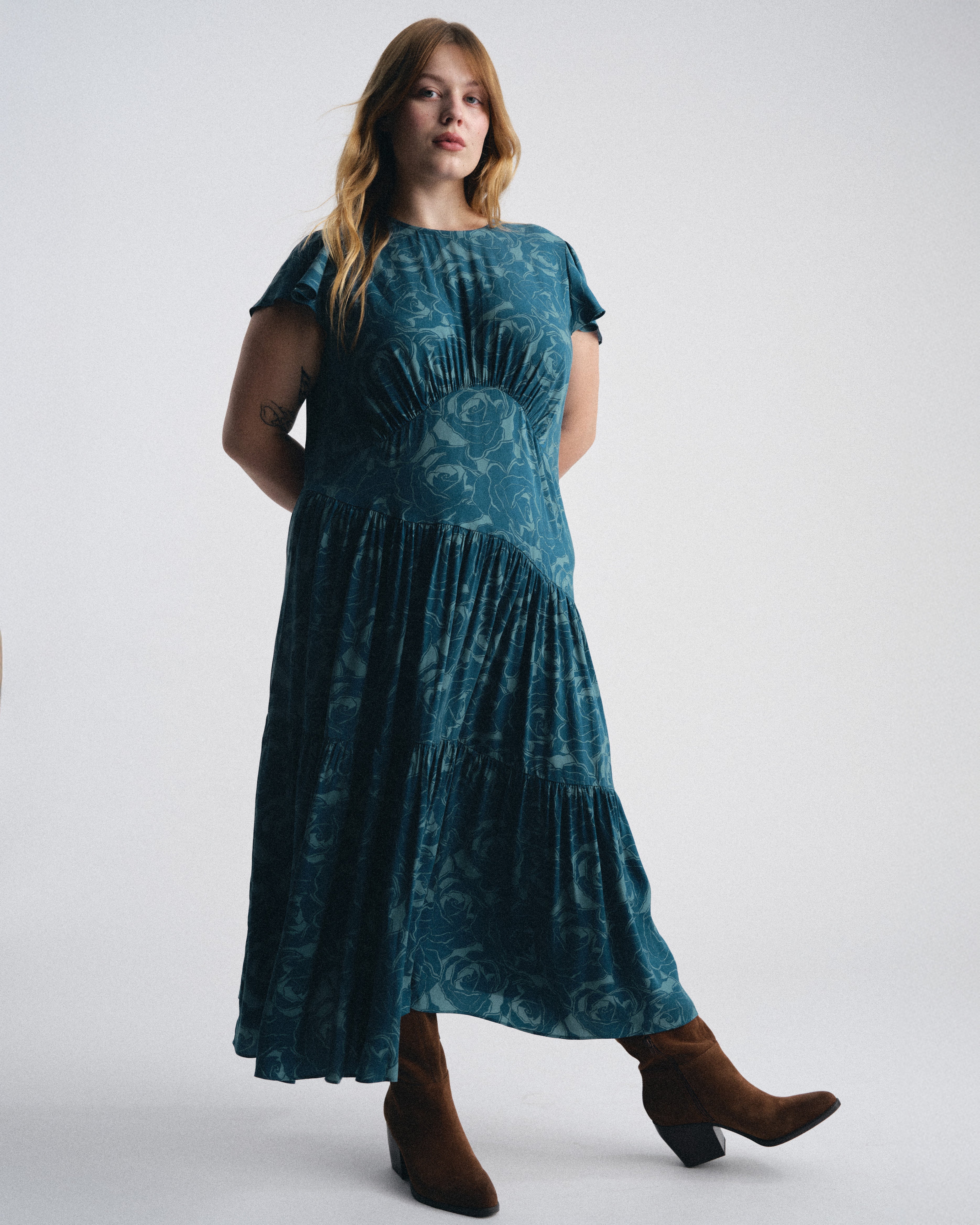 Mariella Stretch Cupro Dress - Rose Print in Deep Teal