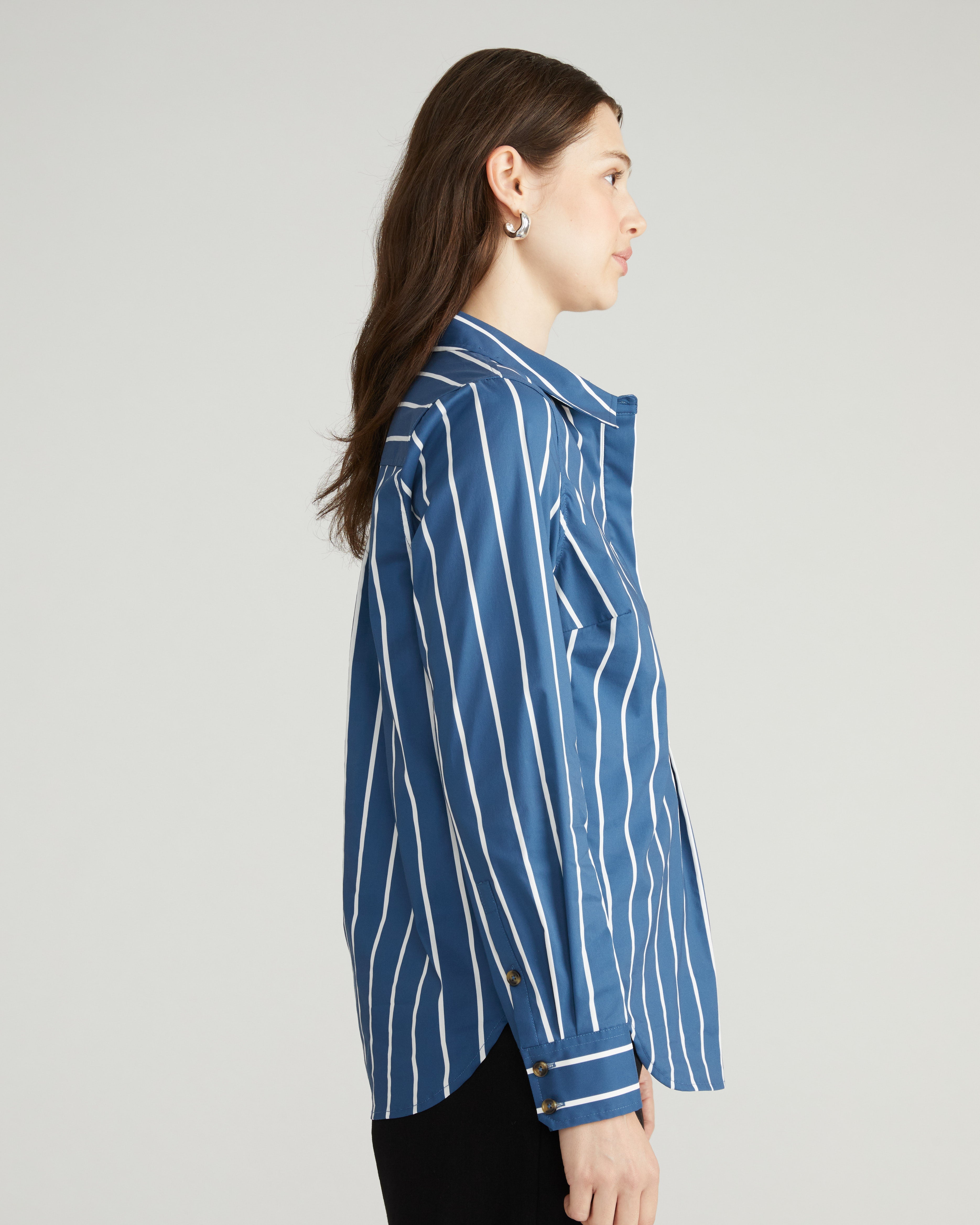Elbe Popover Stretch Poplin Shirt Classic Fit - Ensign Blue/White Stripe