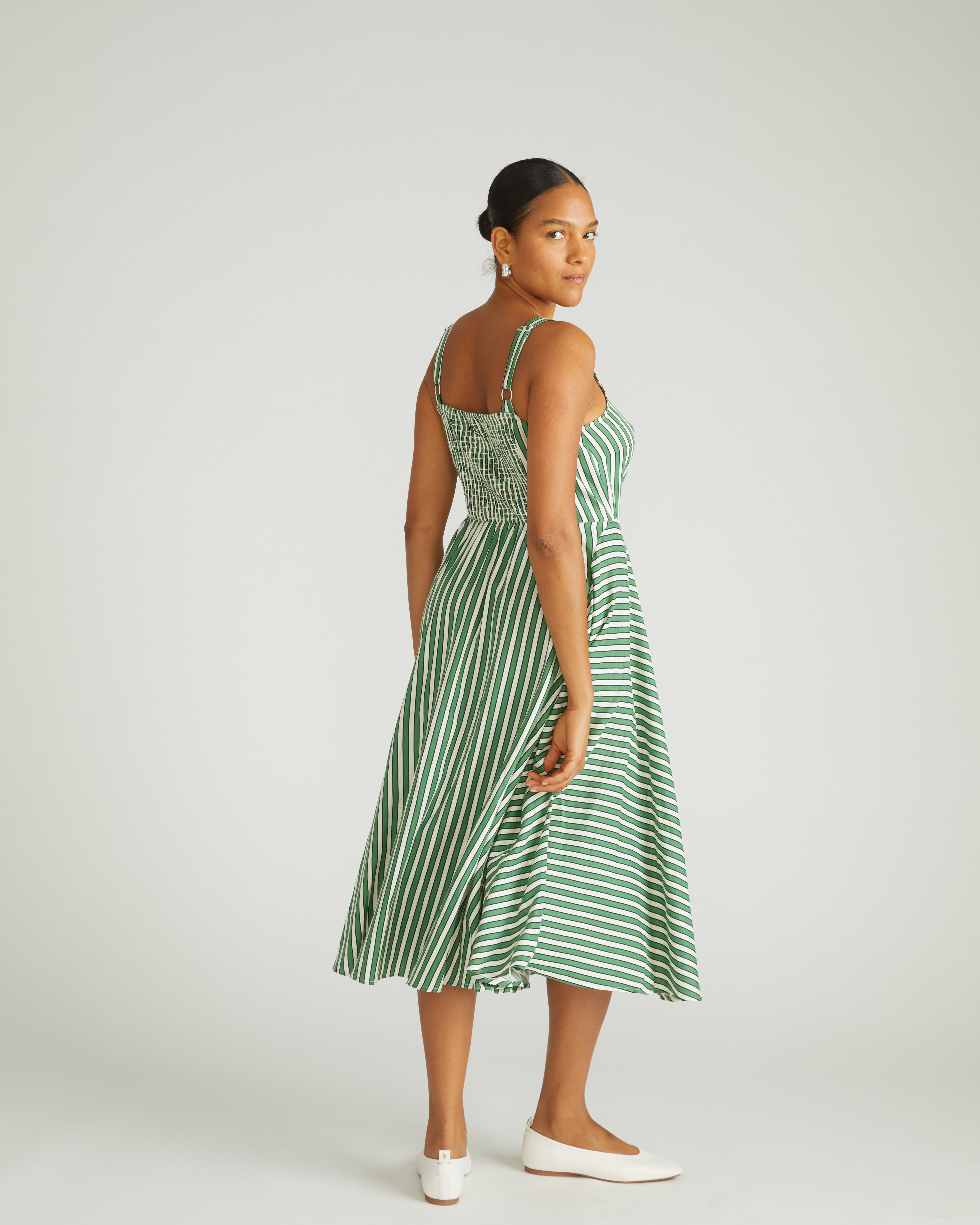 Sunshower Flowy Linen Dress - Clover/Beige Stripe