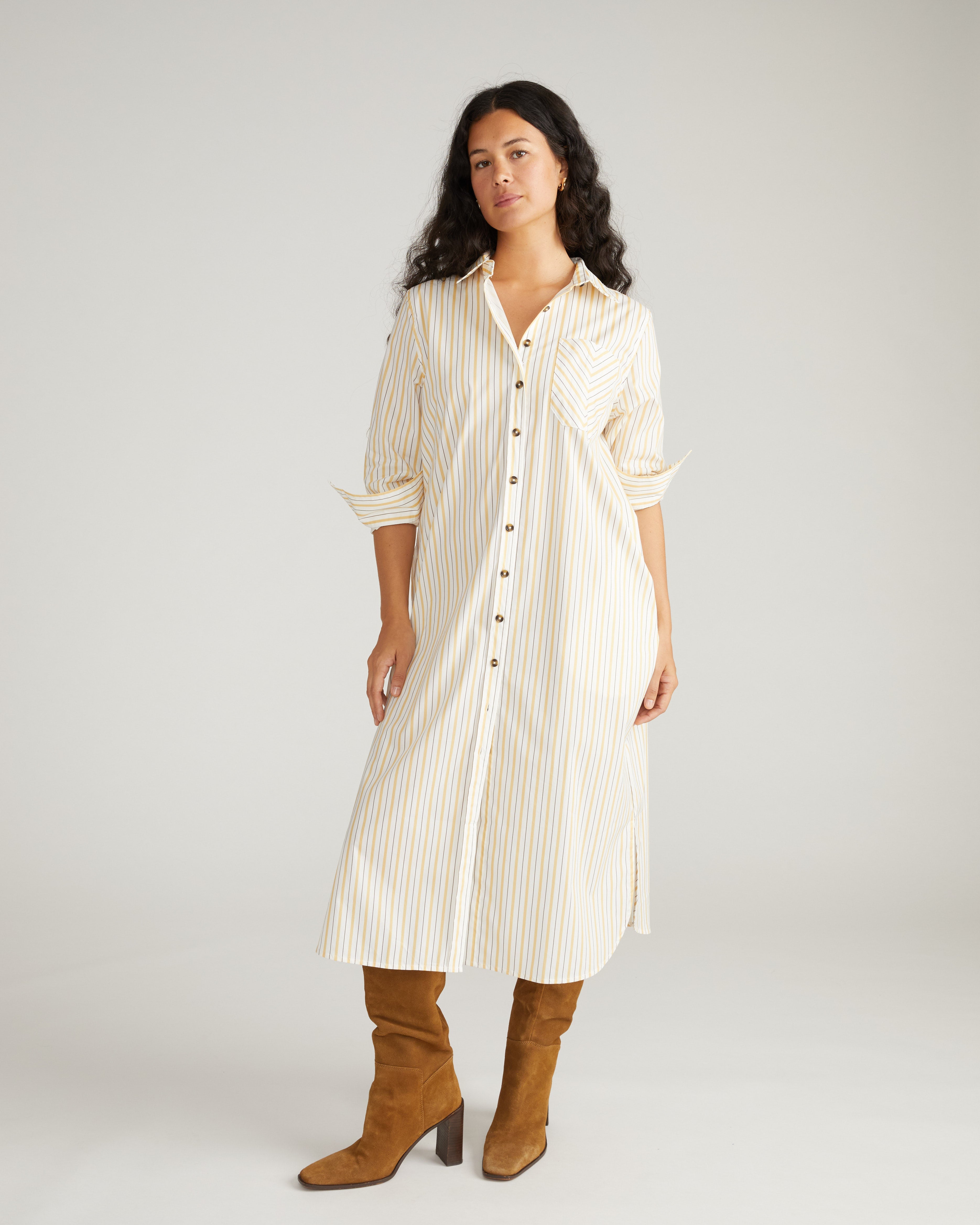 Odeon Stretch Poplin Shirtdress - Yellow Multi Stripe