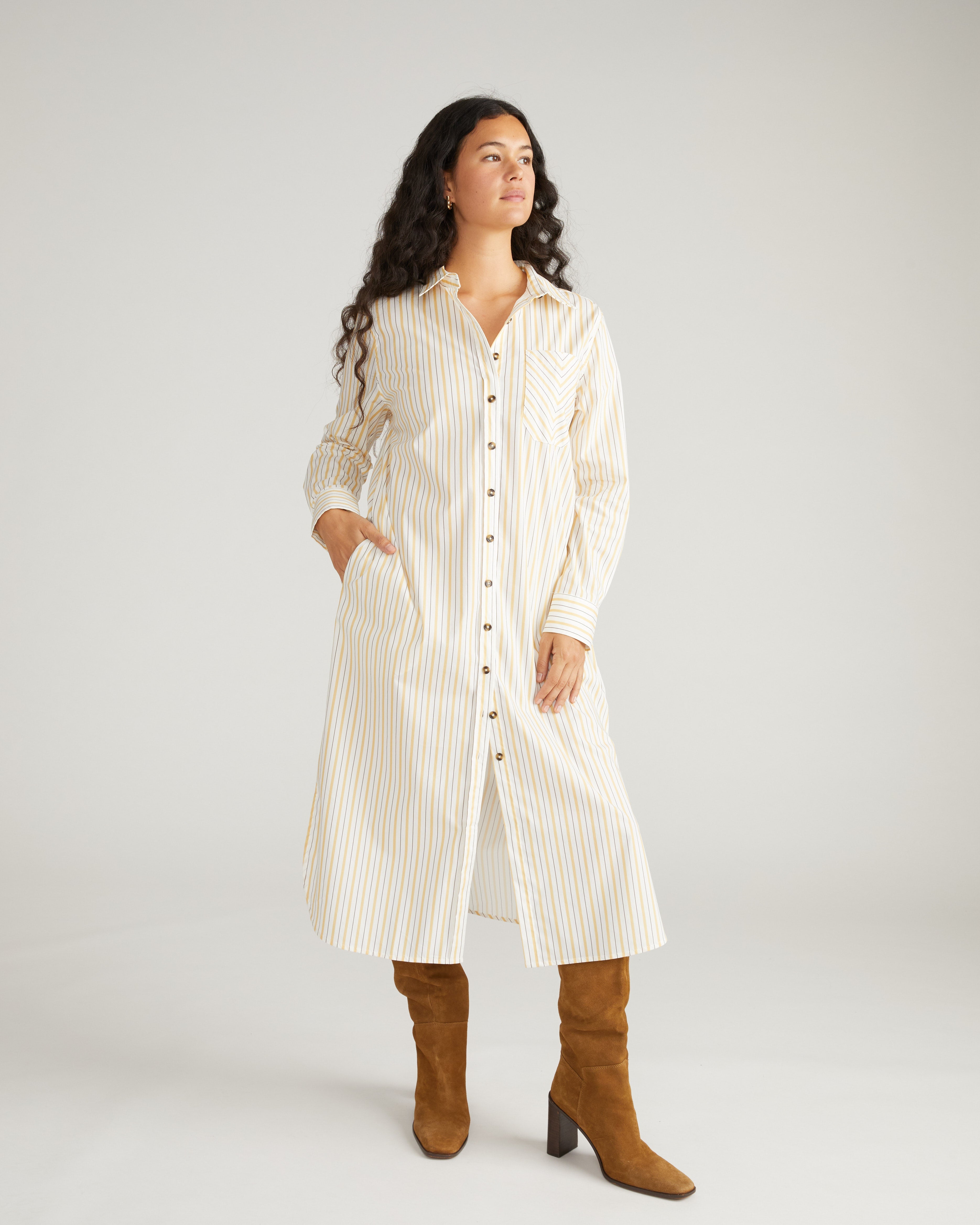 Odeon Stretch Poplin Shirtdress - Yellow Multi Stripe