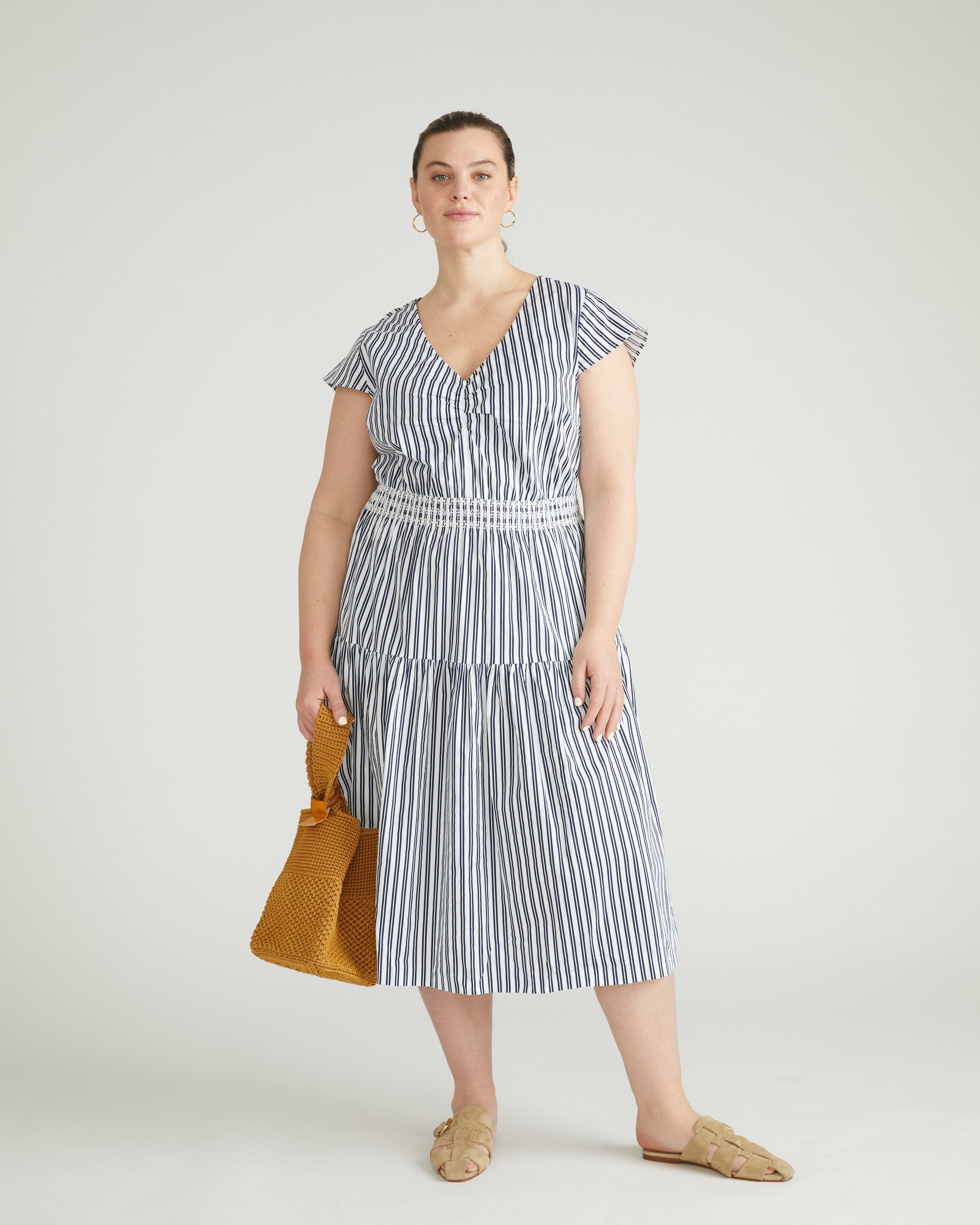 Ambroeus Smocked Poplin Dress - White/Navy Multi Stripe