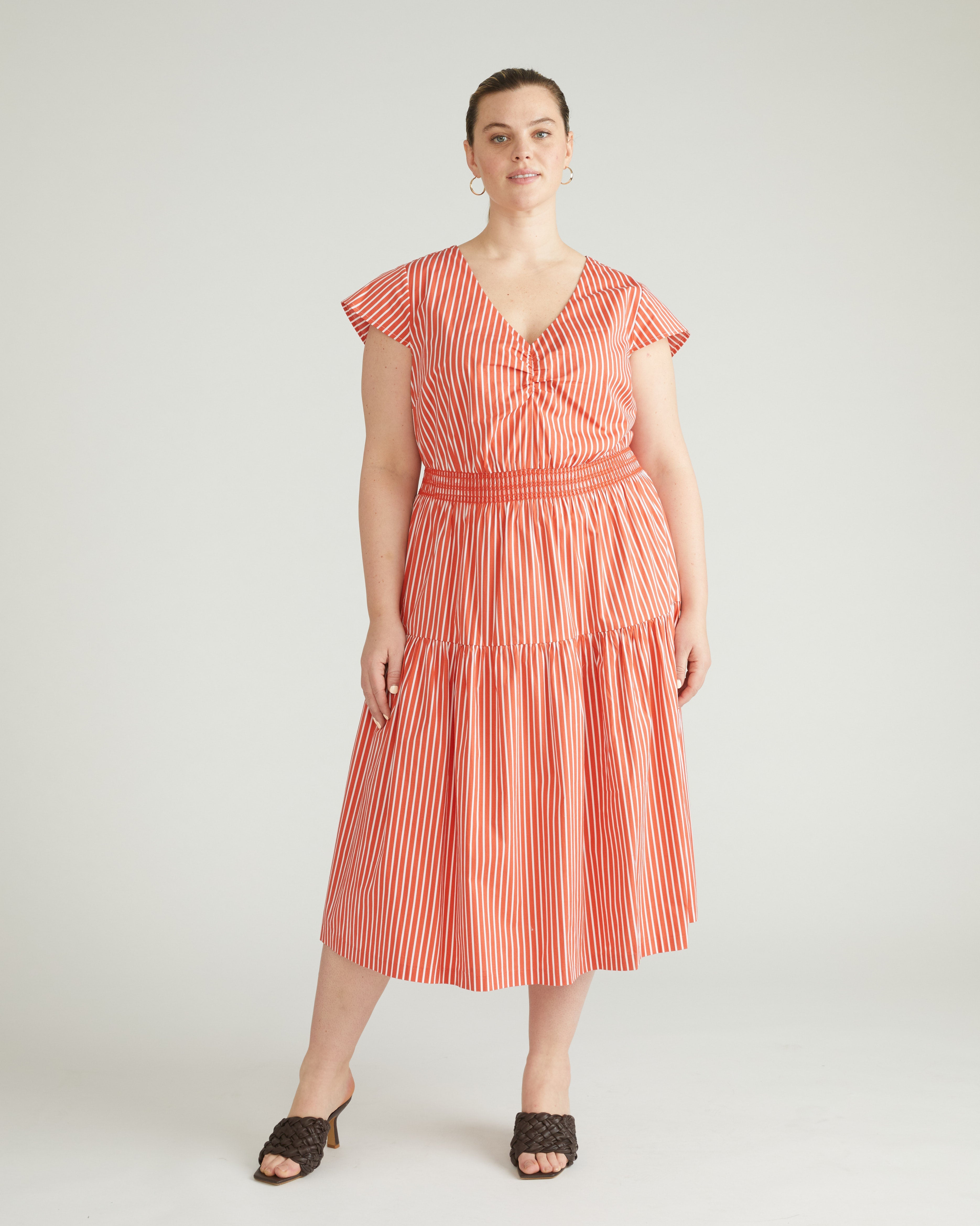 Ambroeus Smocked Poplin Dress - Coral Reef/White Stripe