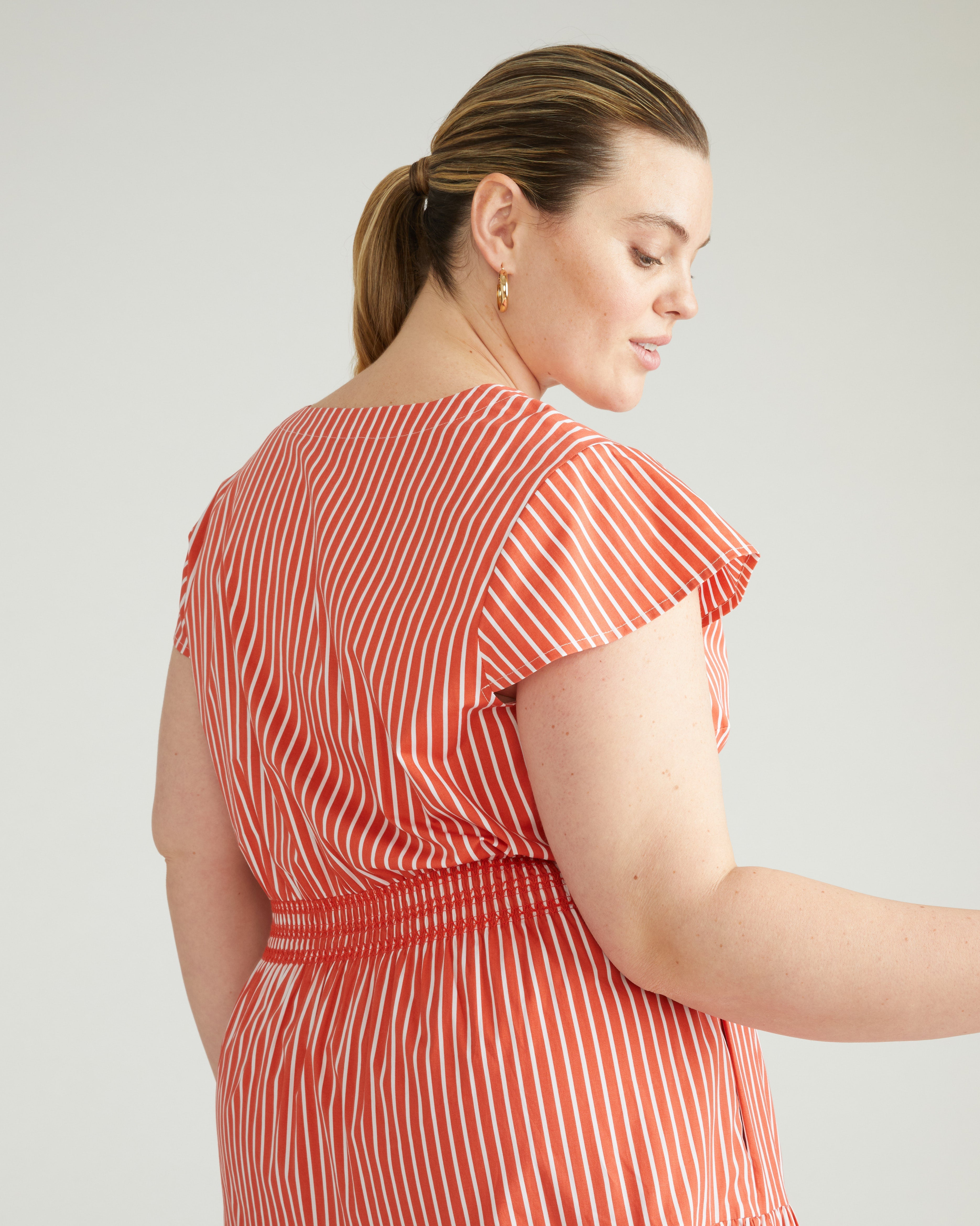 Ambroeus Smocked Poplin Dress - Coral Reef/White Stripe