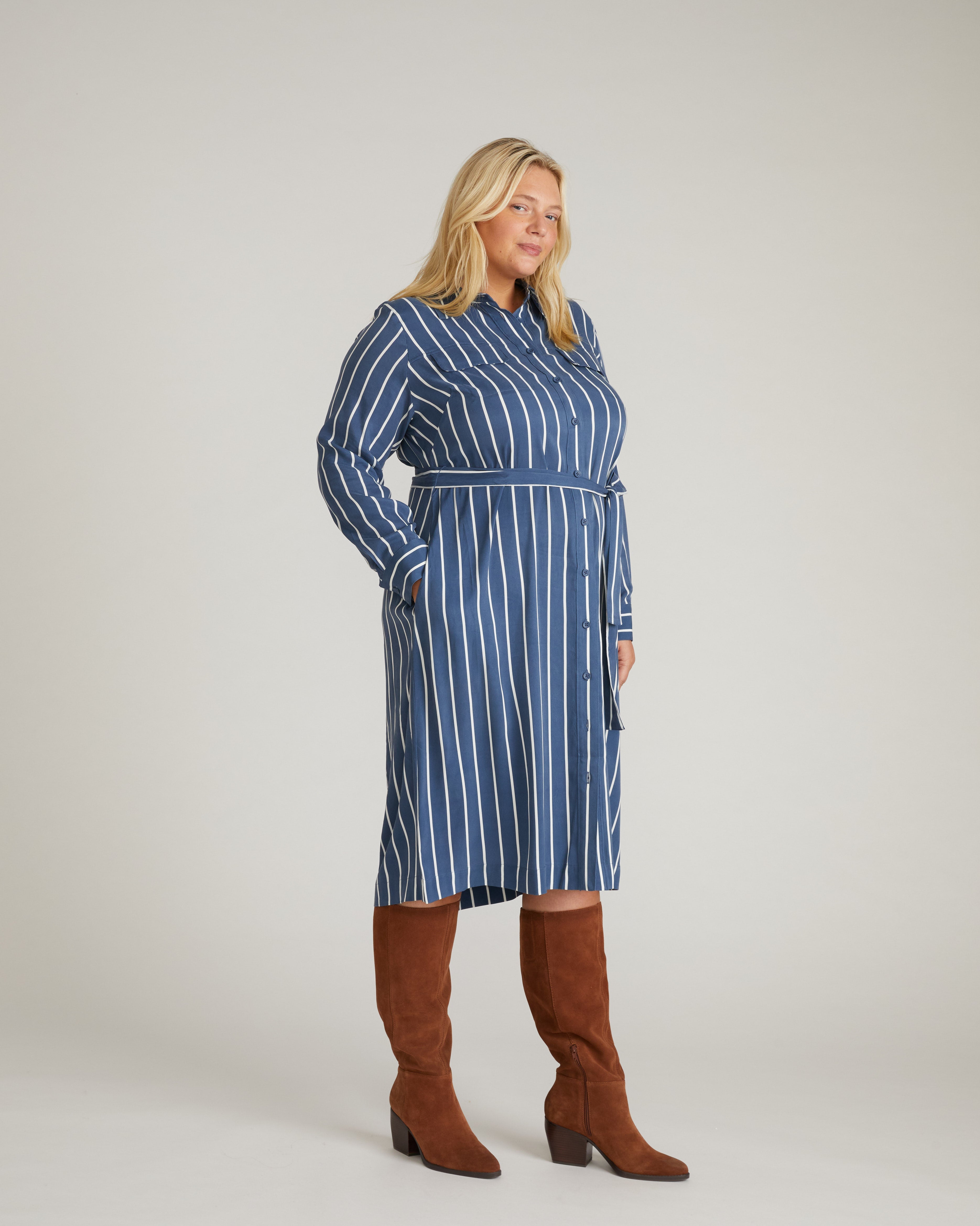 Cooling Stretch Cupro Savannah Dress - Ensign Blue/White Stripe