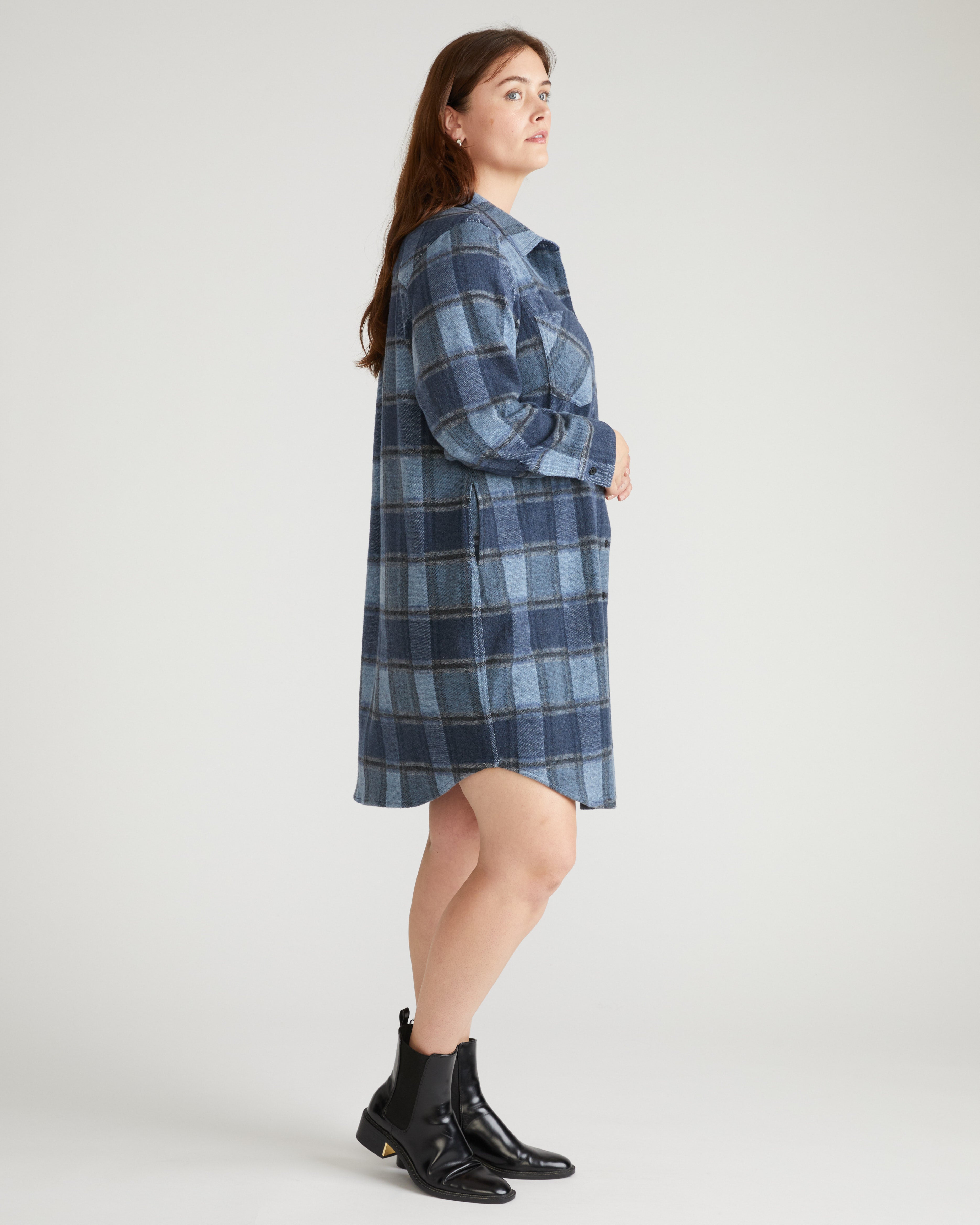 Maine Stretch Flannel Shirtdress - Heather Fog Plaid