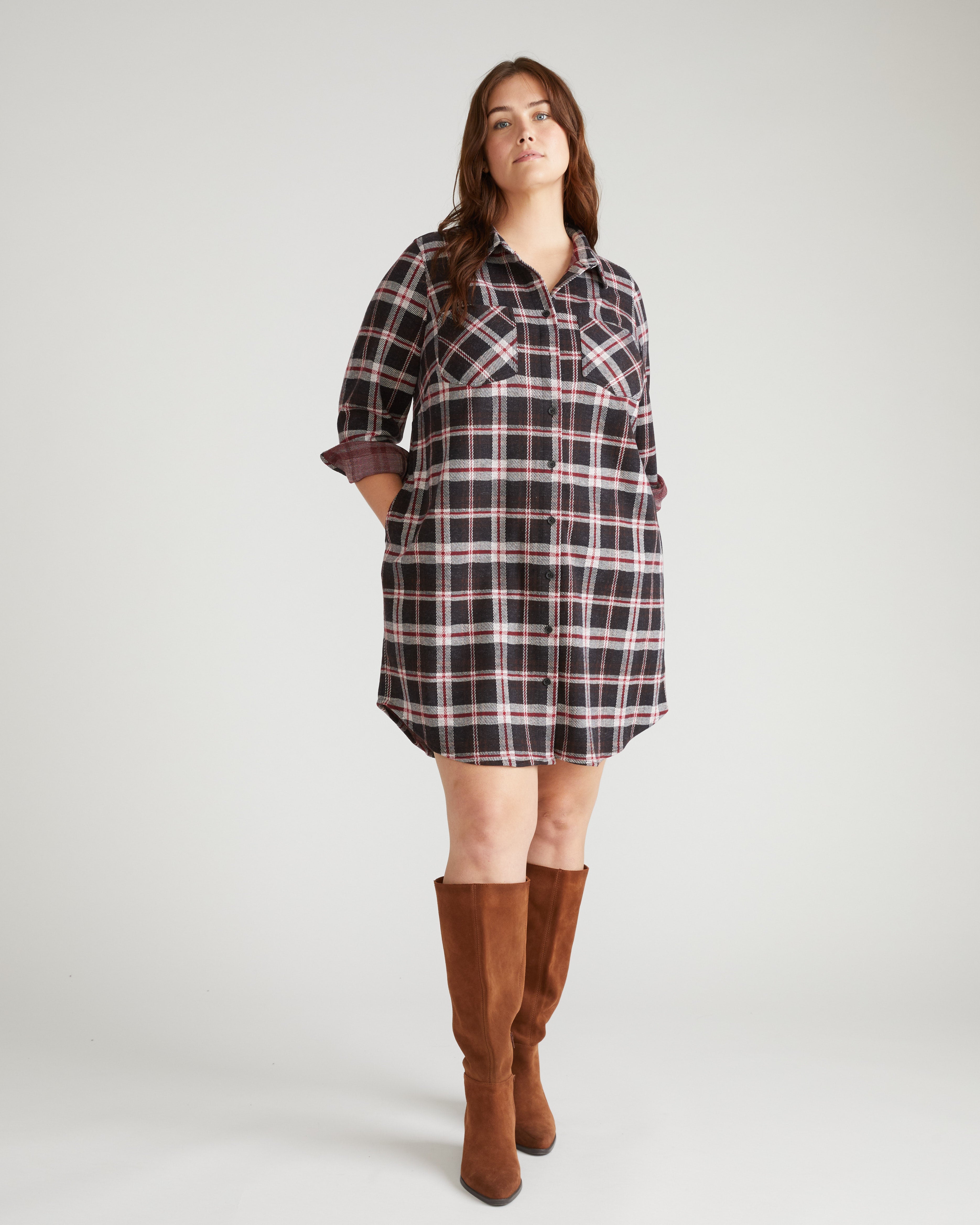 Maine Stretch Flannel Shirtdress - Poppy Plaid