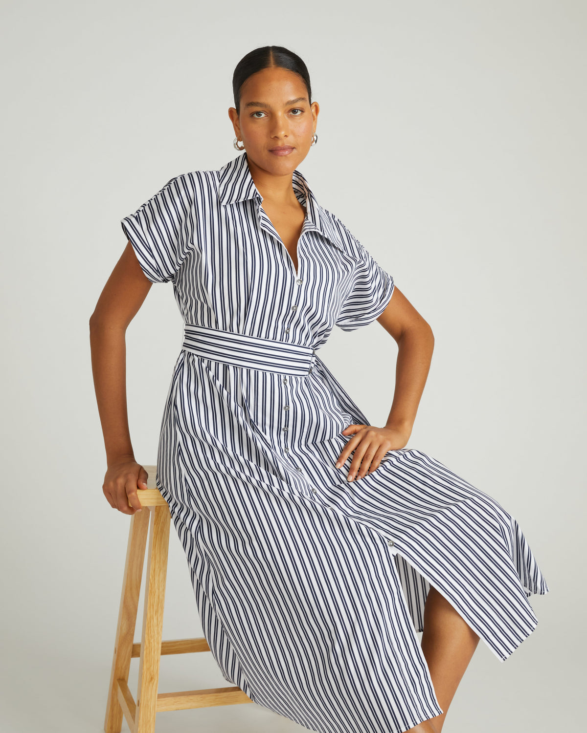 Sandy Stretch Poplin Shirtdress - White/Navy Multi Stripe
