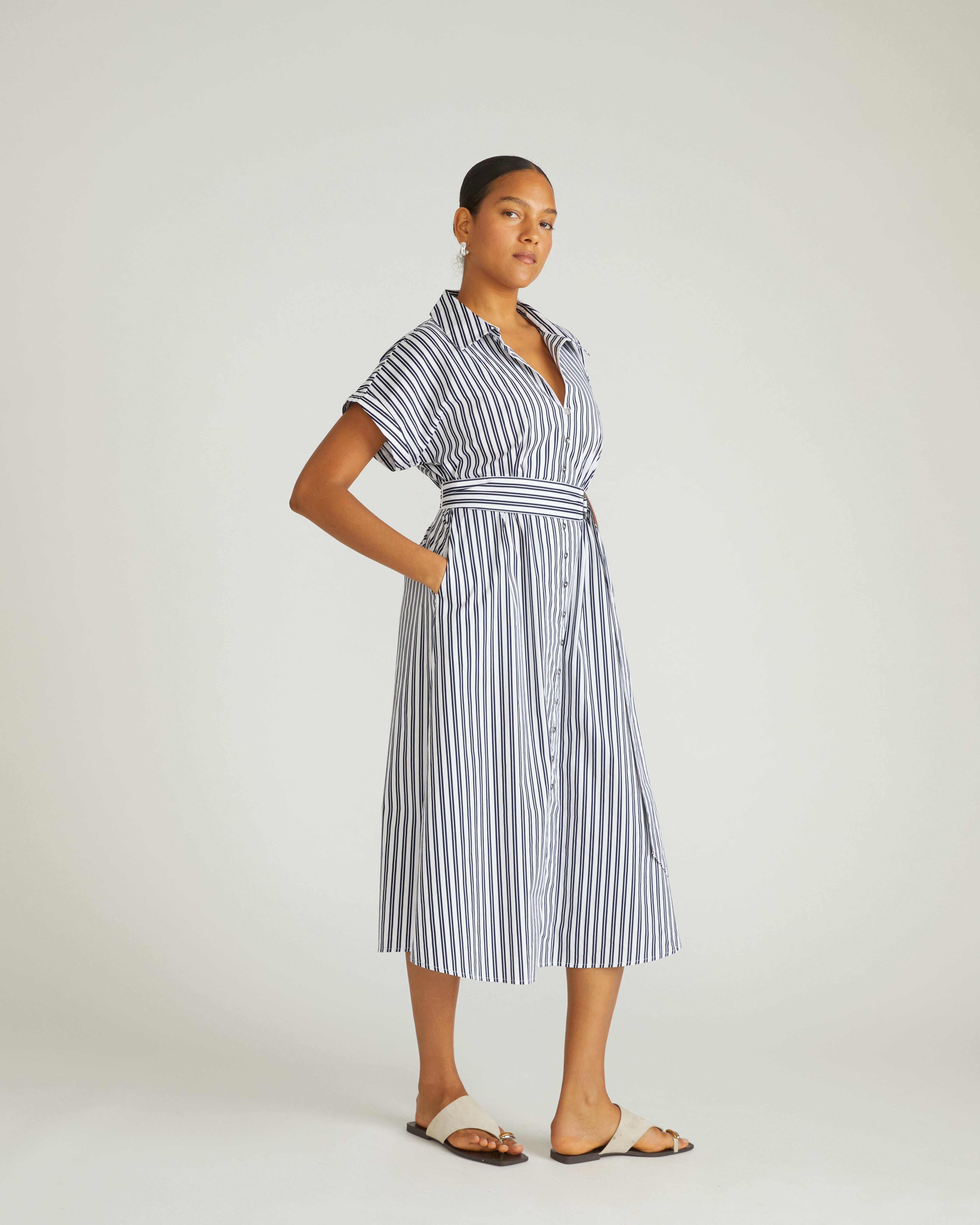 Sandy Stretch Poplin Shirtdress - White/Navy Multi Stripe