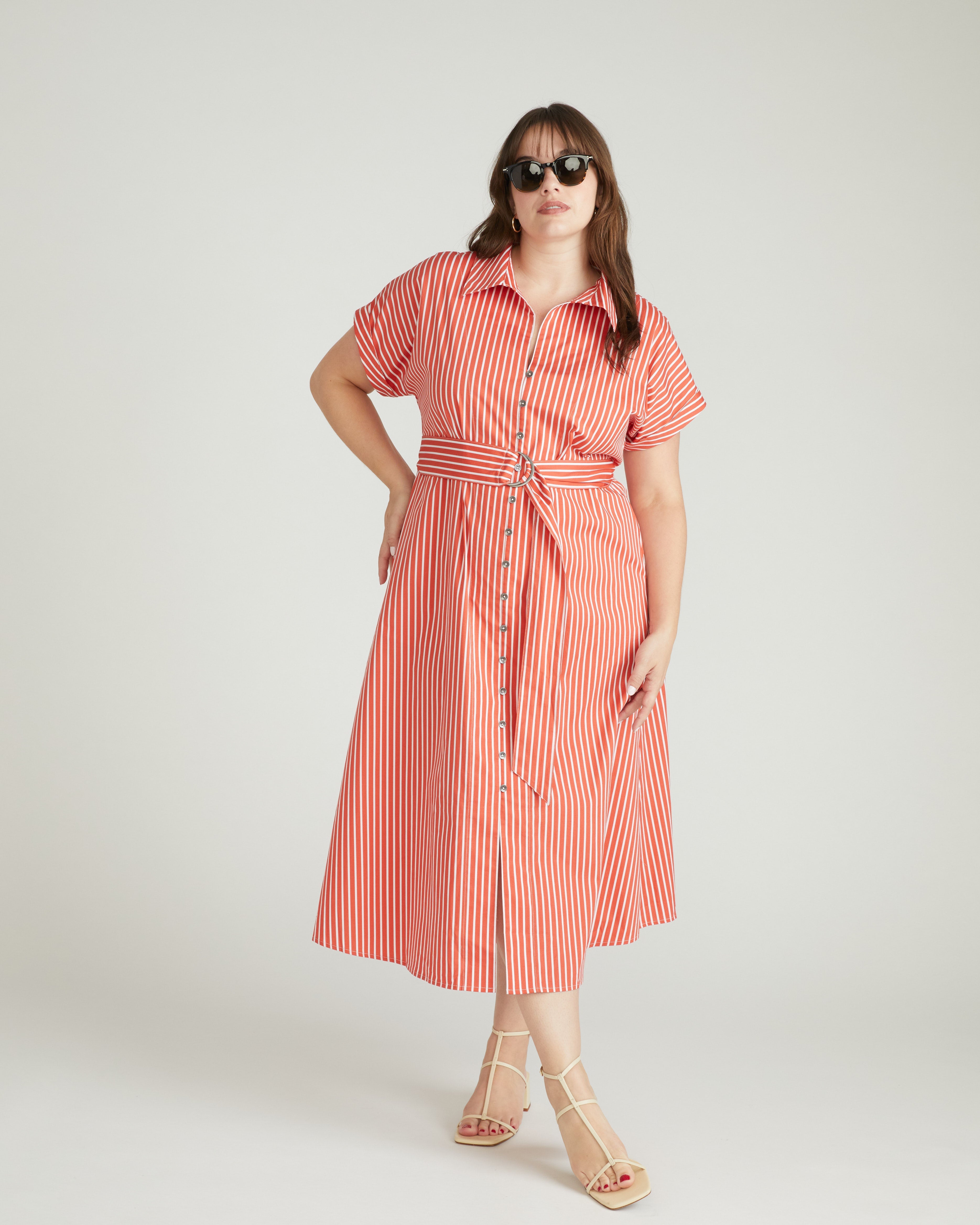 Sandy Stretch Poplin Shirtdress - Coral Reef/White Stripe