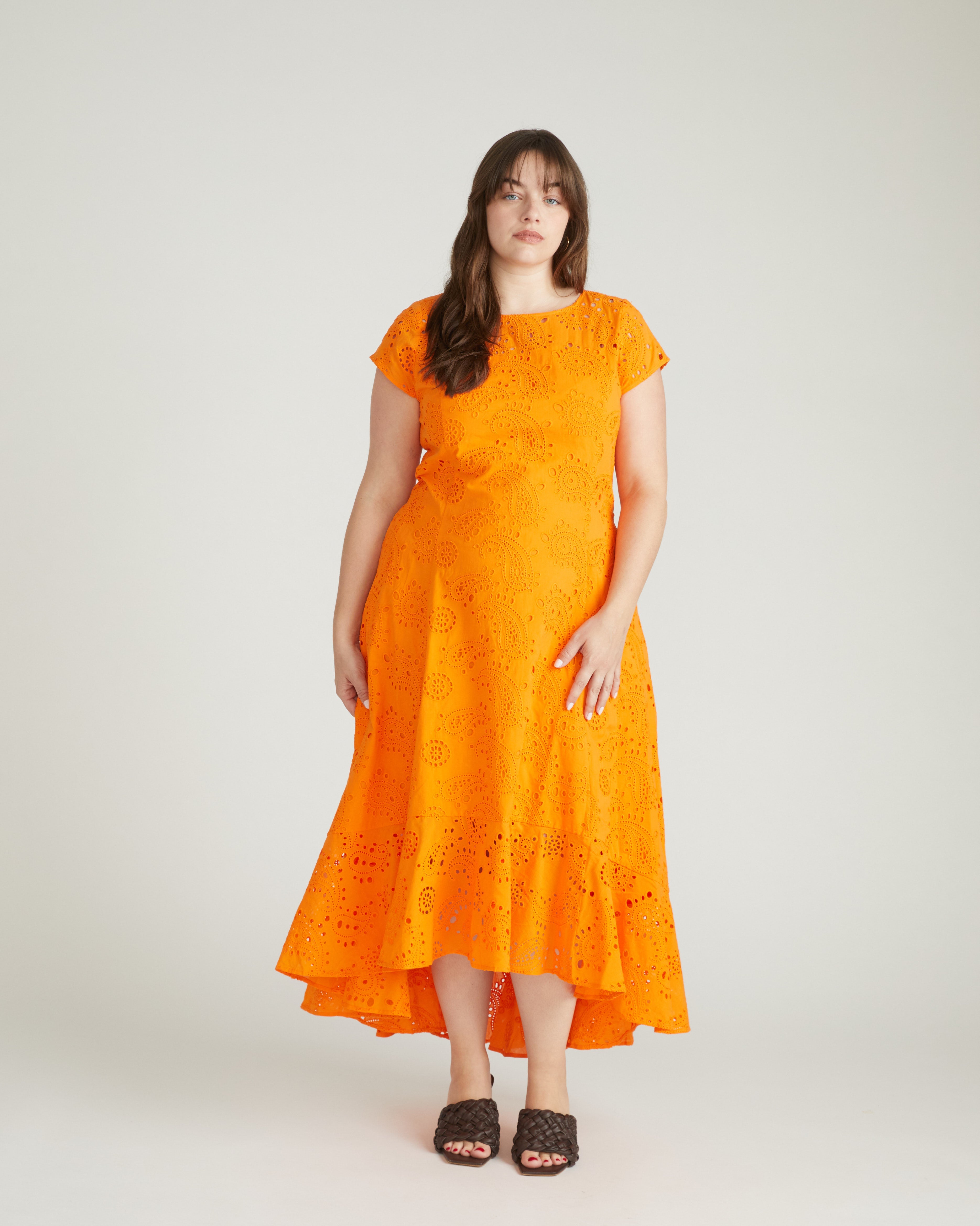 Sunset Cotton Eyelet Flounce Dress - Arancia