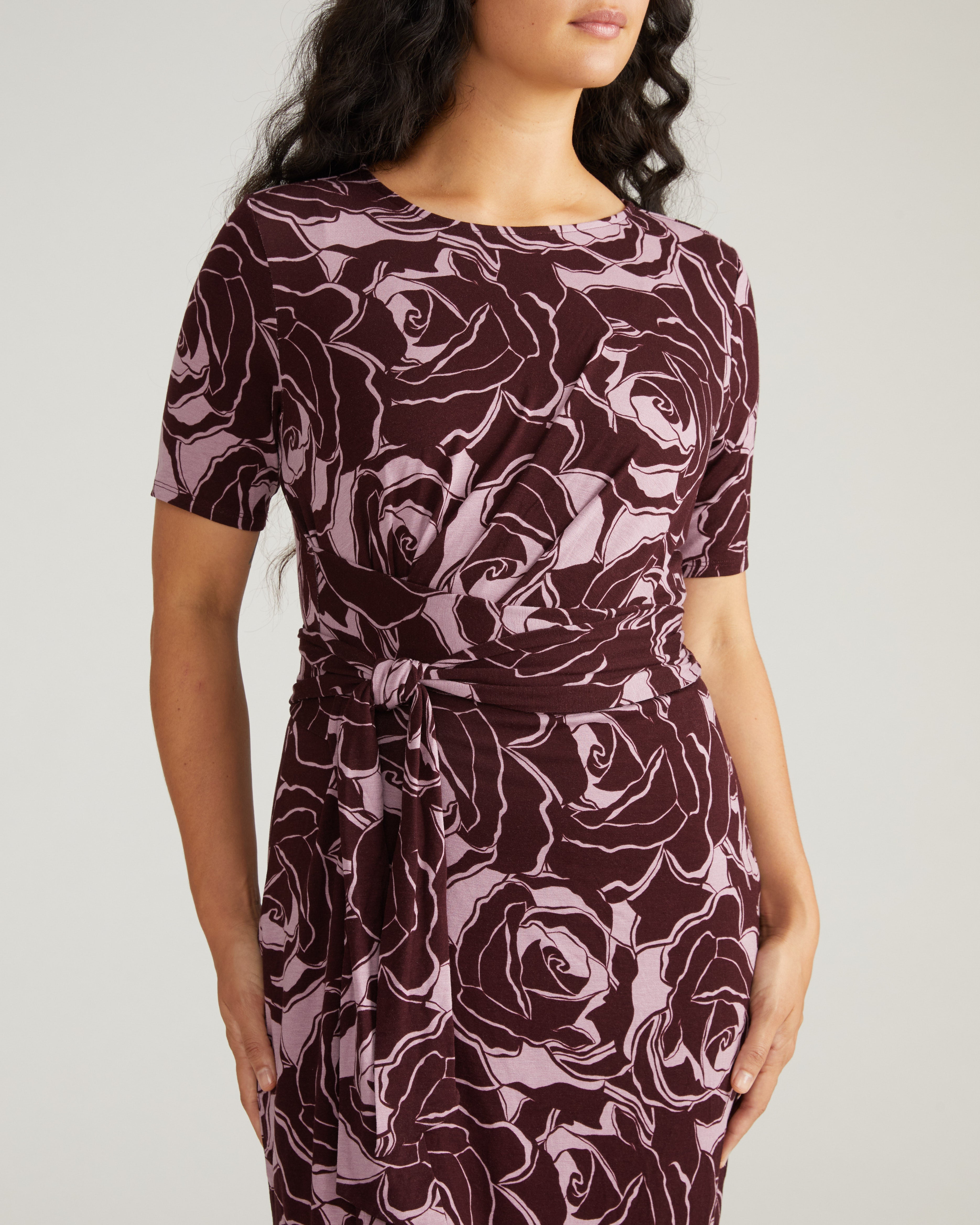 Delilah Liquid Jersey Dress - Rose Print in Black Cherry