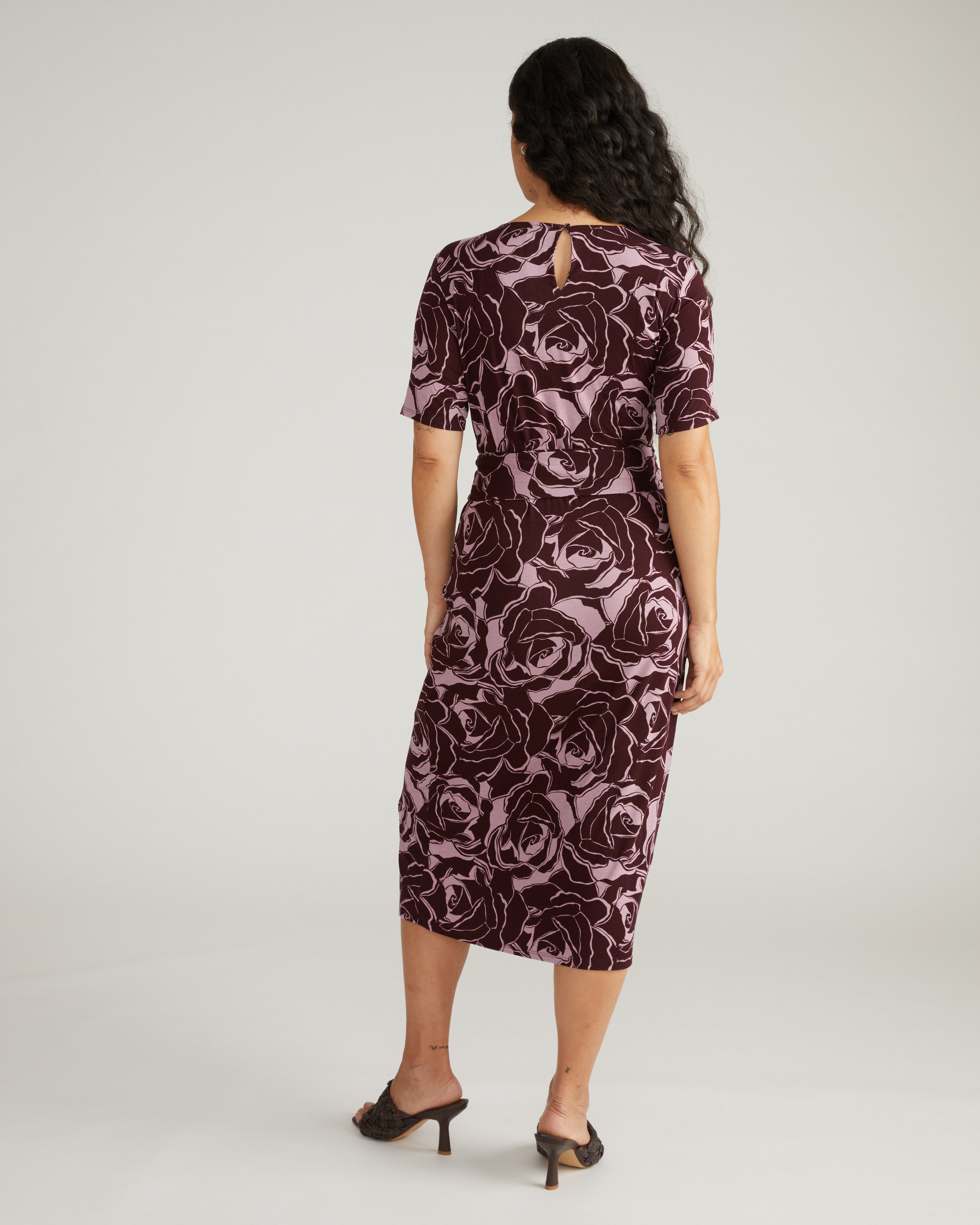 Delilah Liquid Jersey Dress - Rose Print in Black Cherry