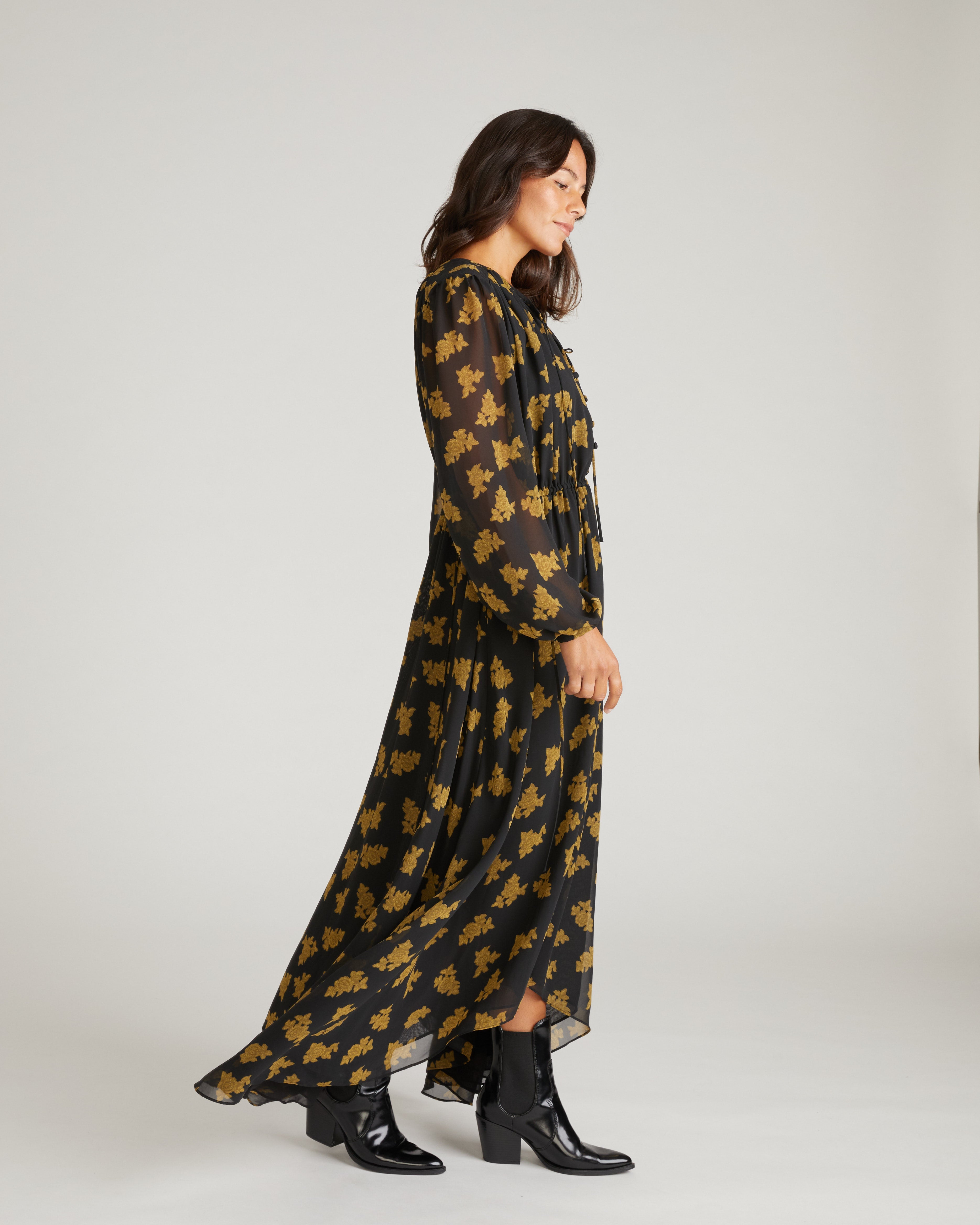 Karina Chiffon Dress - Gold Heirloom Print