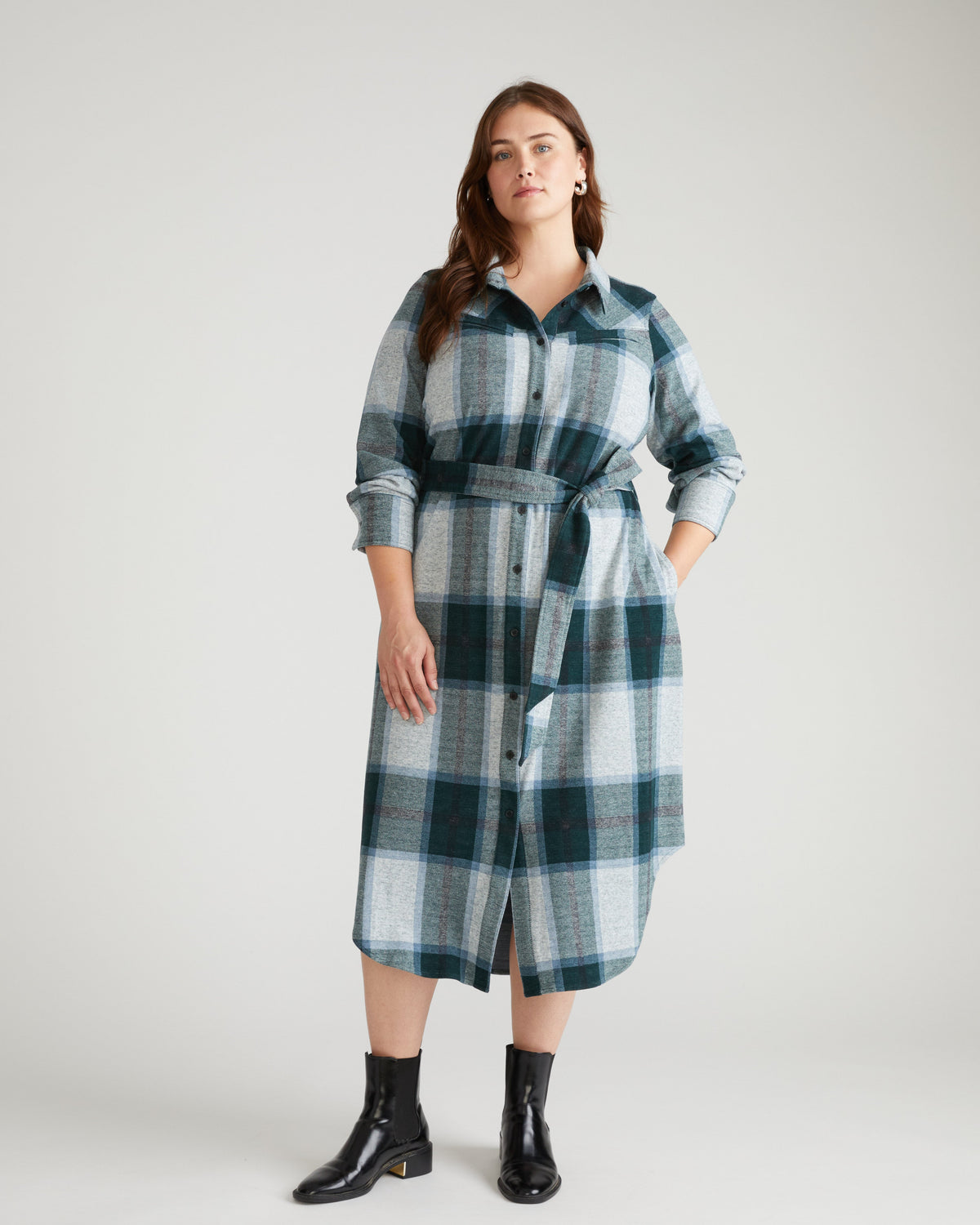 Morgan Belted Stretch Flannel Shirtdress - Mate Green Plaid