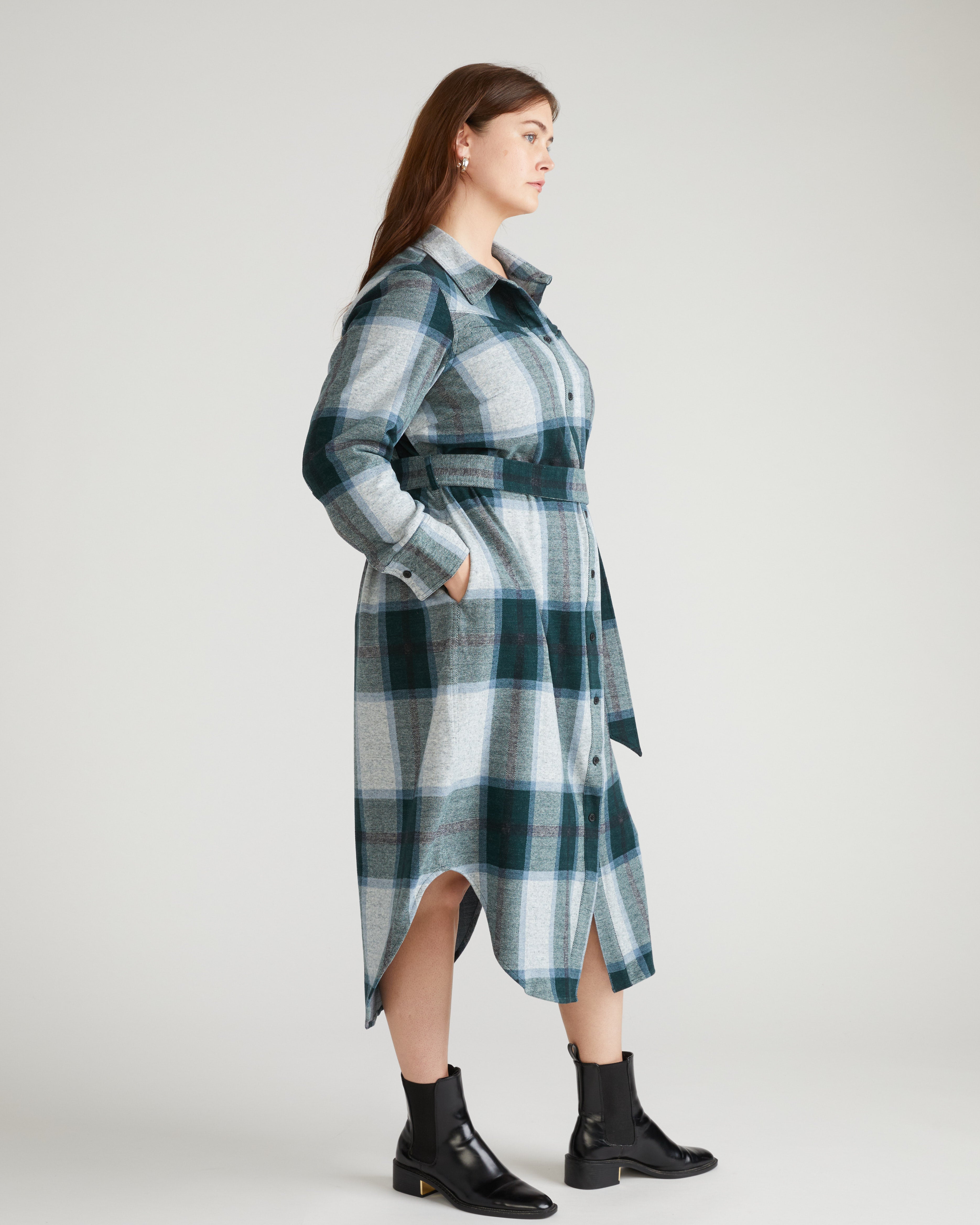 Morgan Belted Stretch Flannel Shirtdress - Mate Green Plaid