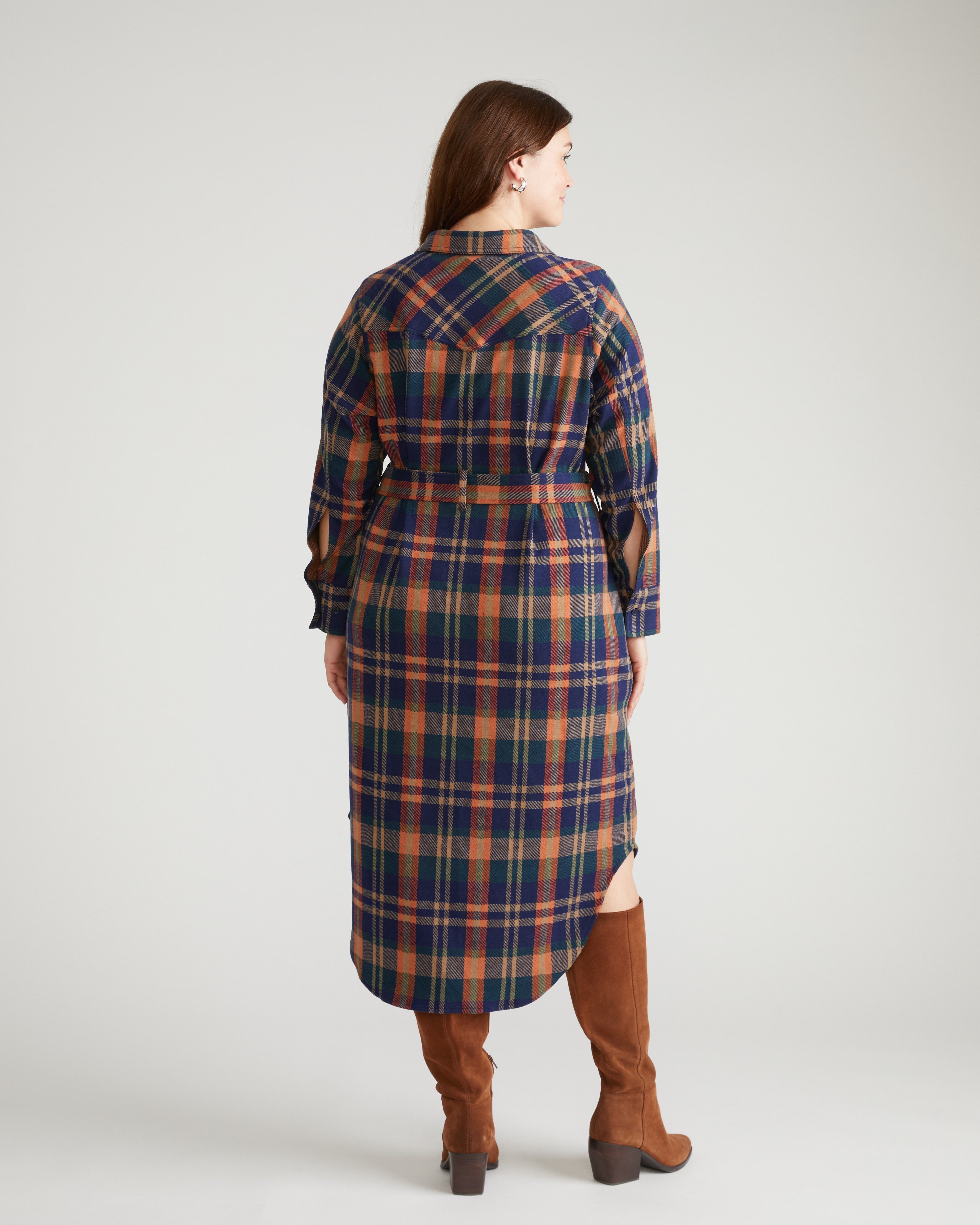 Morgan Belted Stretch Flannel Shirtdress - Autumn Apple Plaid