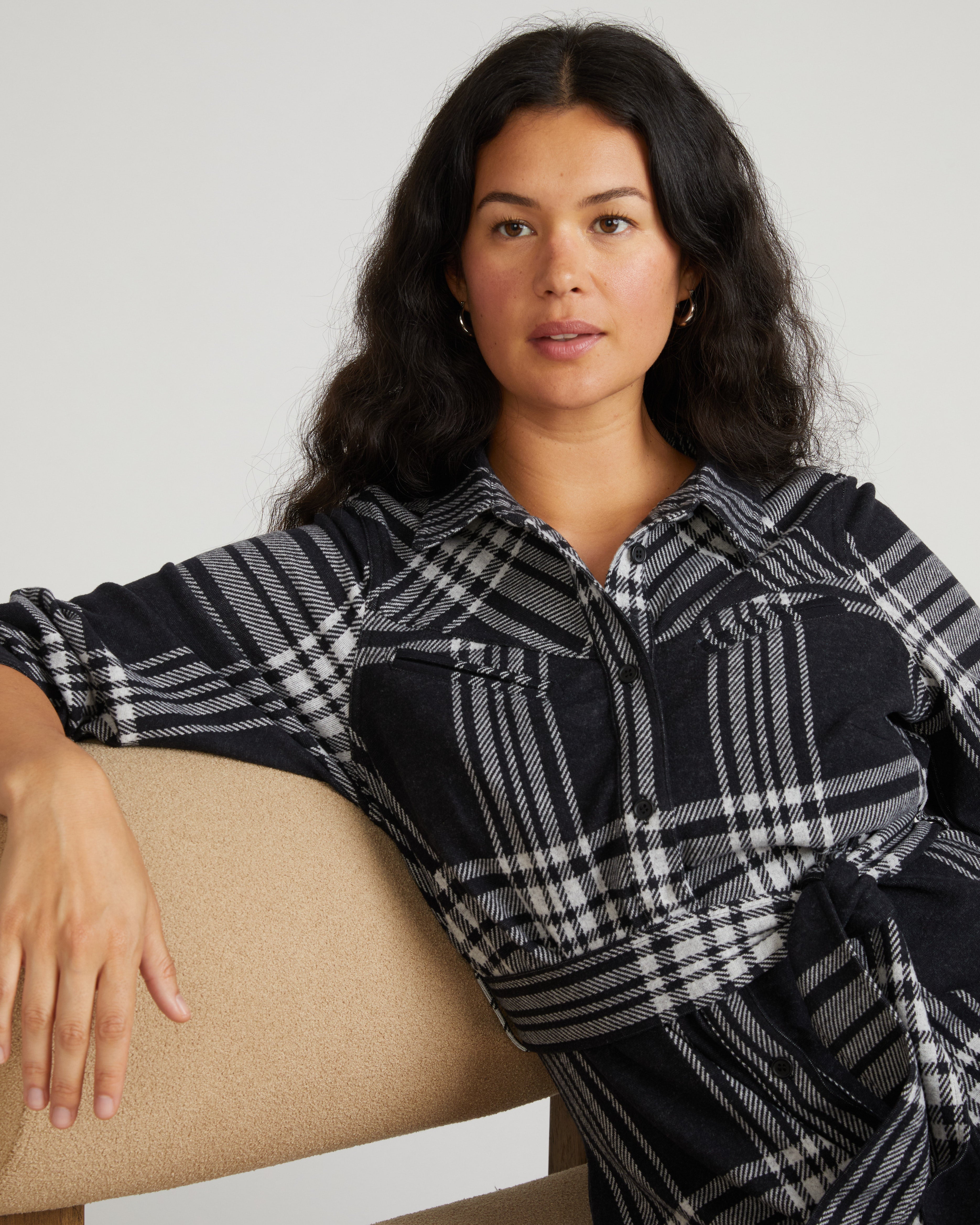 Morgan Belted Stretch Flannel Shirtdress - Highland Hug Black Plaid