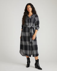 Morgan Belted Stretch Flannel Shirtdress - Highland Hug Black Plaid