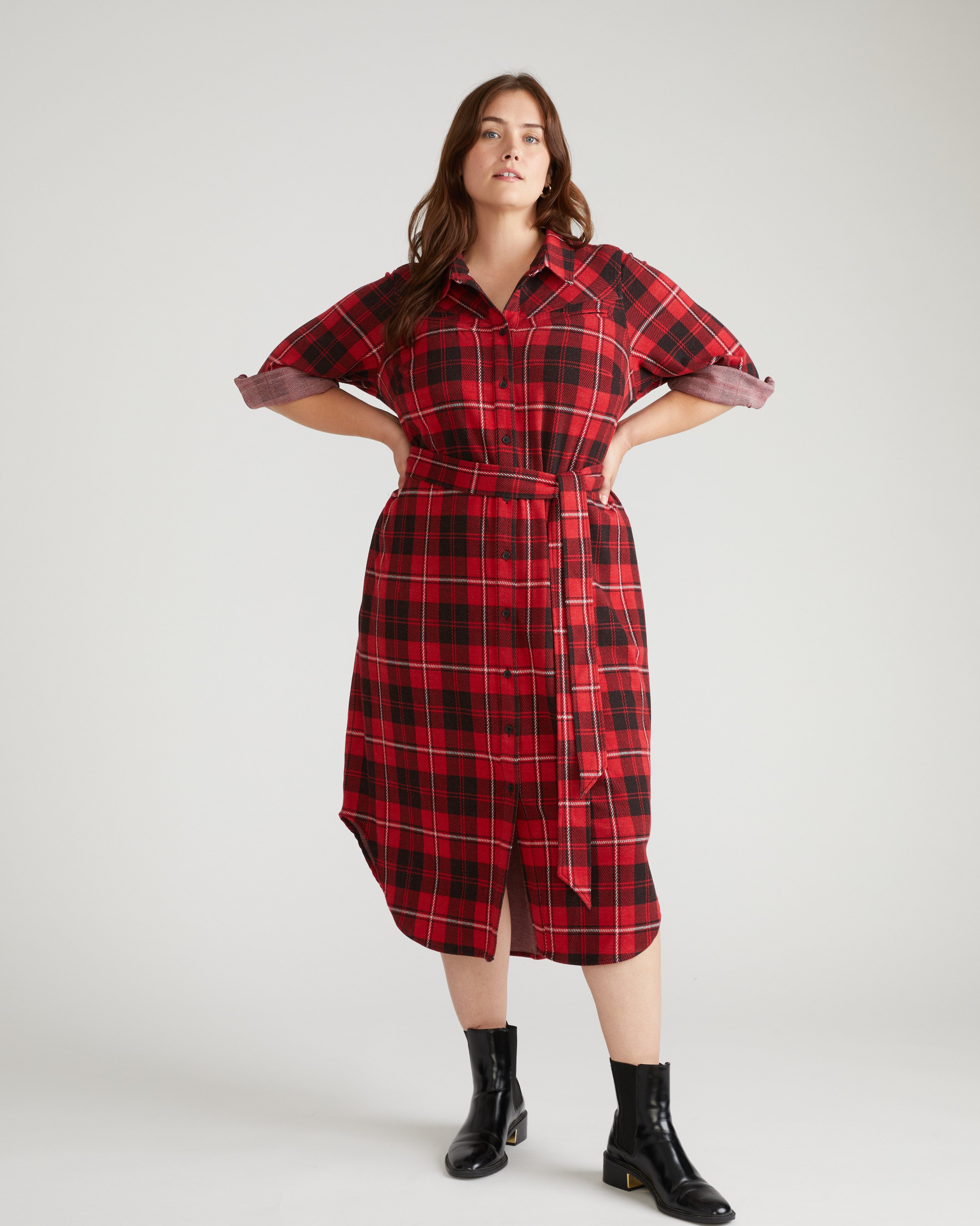 Morgan Belted Stretch Flannel Shirtdress - Ridge Brew Red Plaid