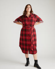 Morgan Belted Stretch Flannel Shirtdress - Ridge Brew Red Plaid