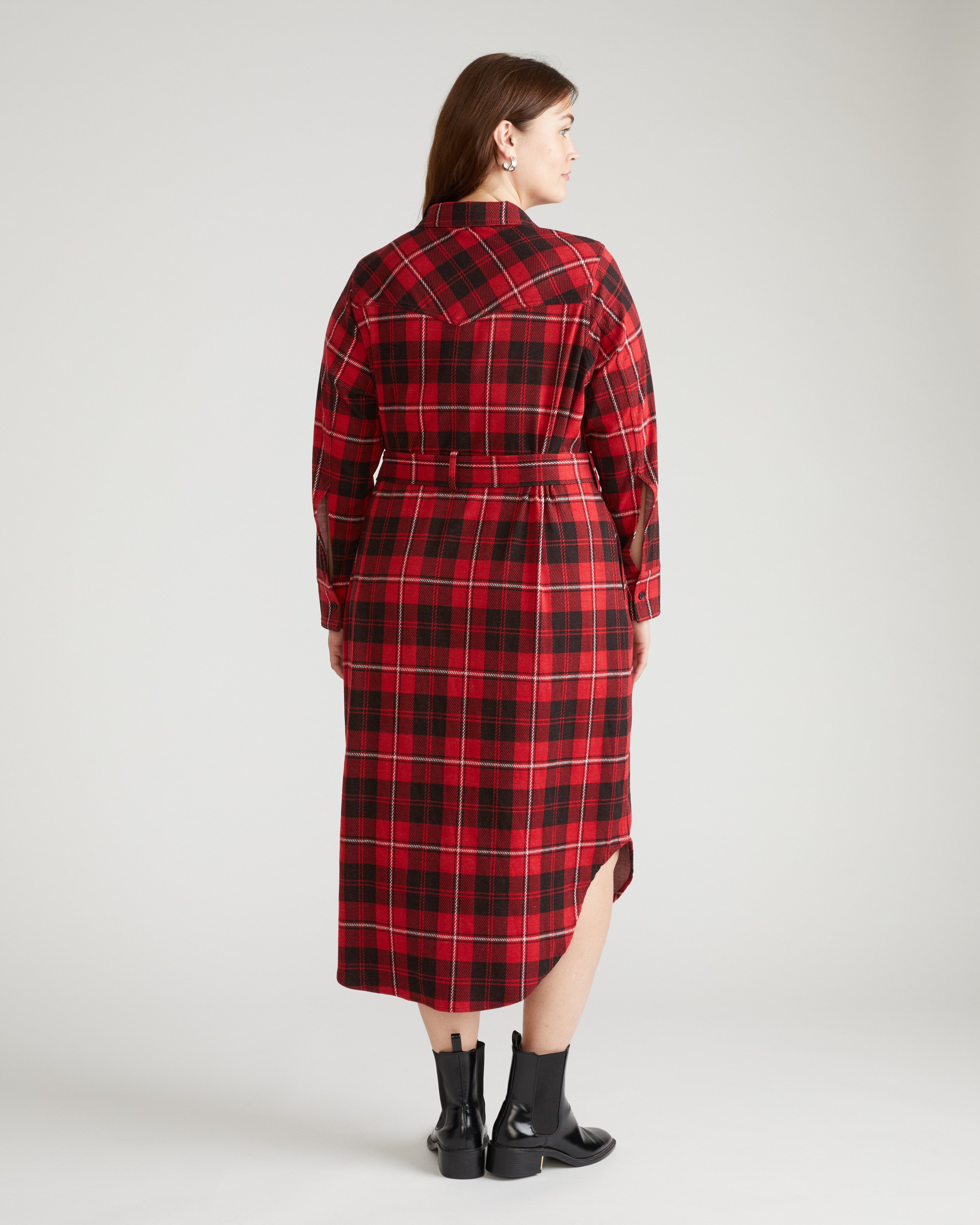 Morgan Belted Stretch Flannel Shirtdress - Ridge Brew Red Plaid