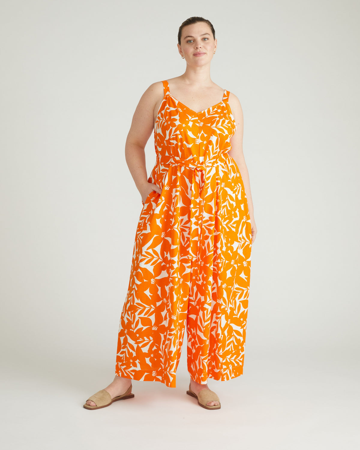 Promenade Linen Jumpsuit - Petal Palette Print in Arancia