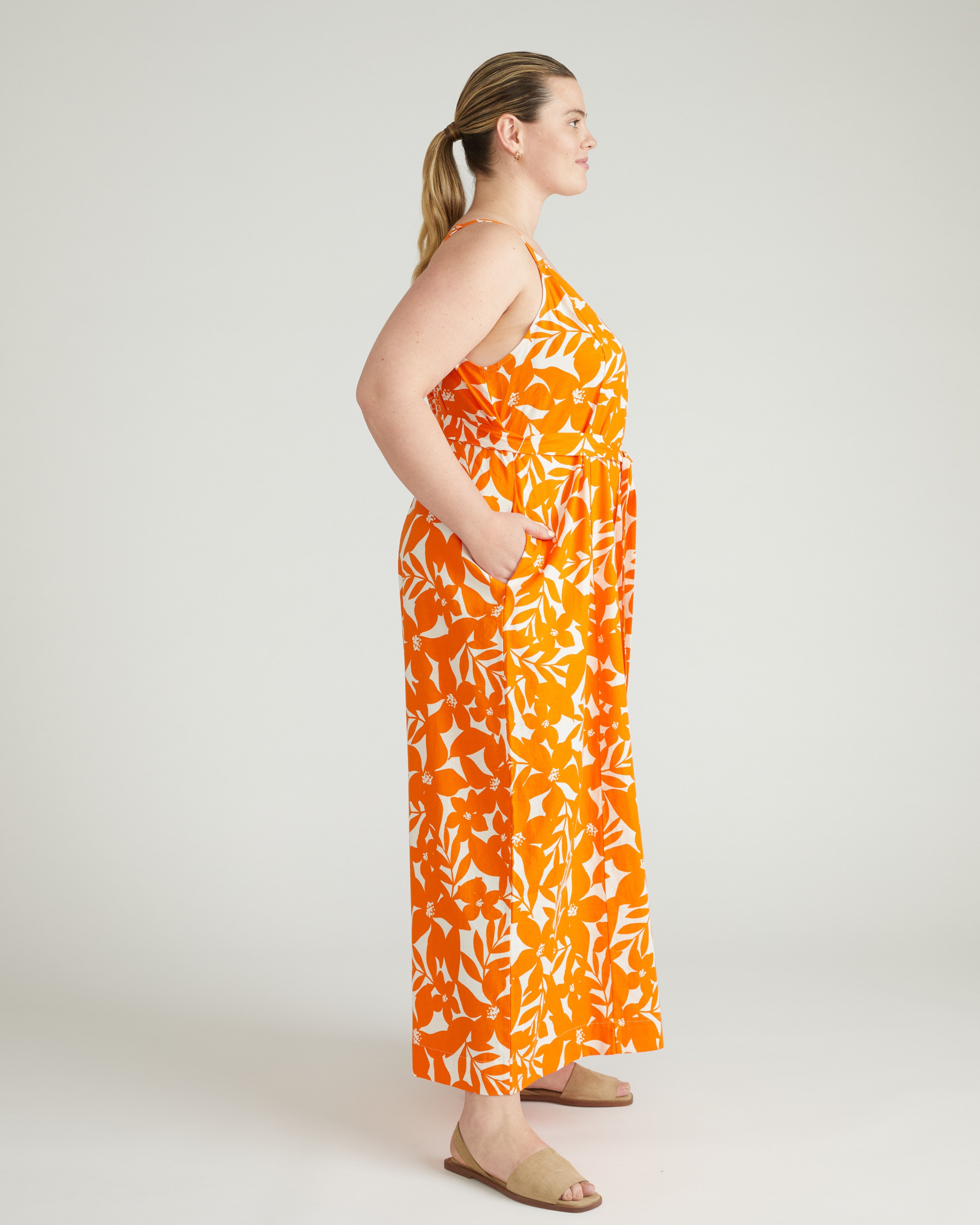Promenade Linen Jumpsuit - Petal Palette Print in Arancia