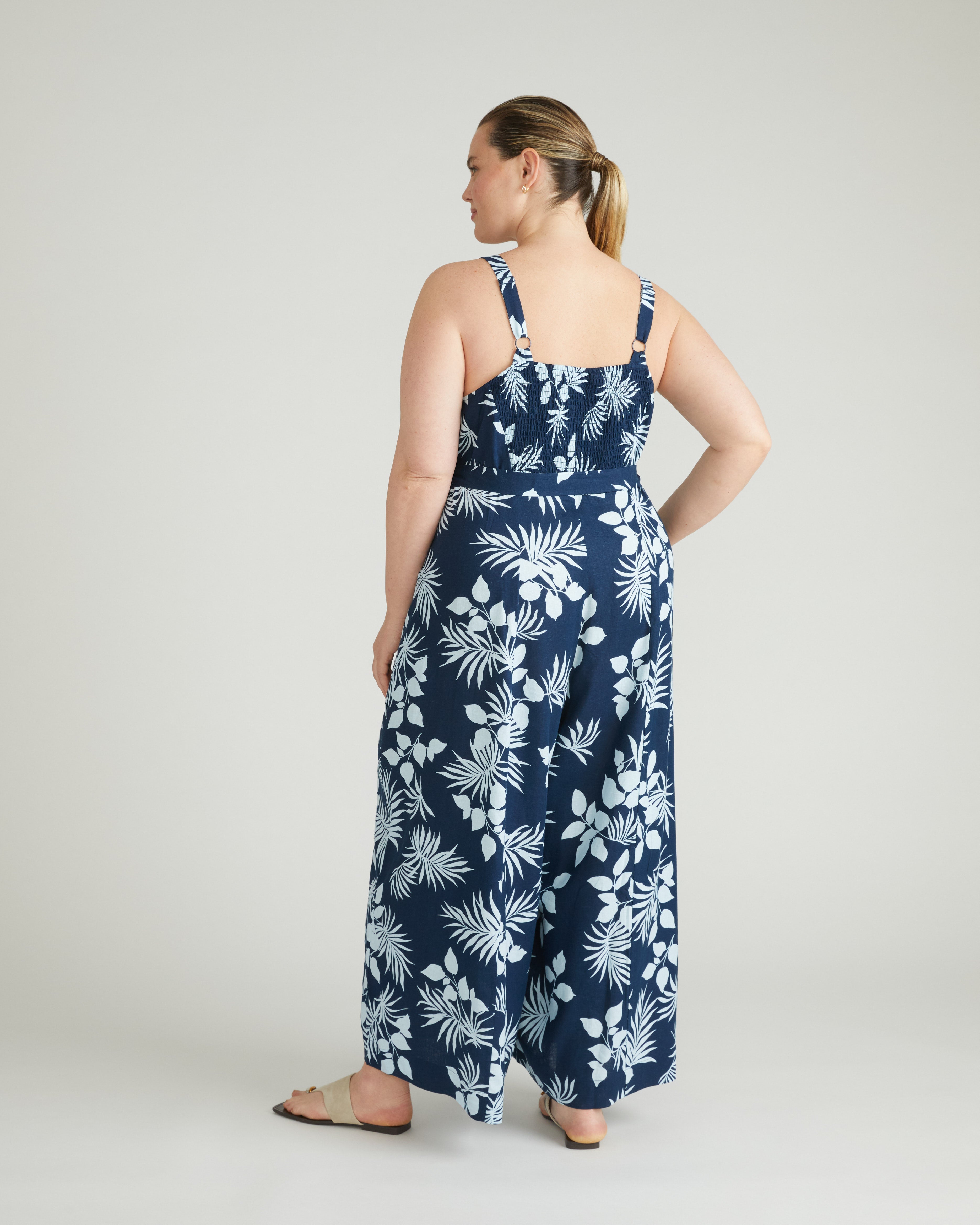 Promenade Linen Jumpsuit - Palm Print in Light Blue