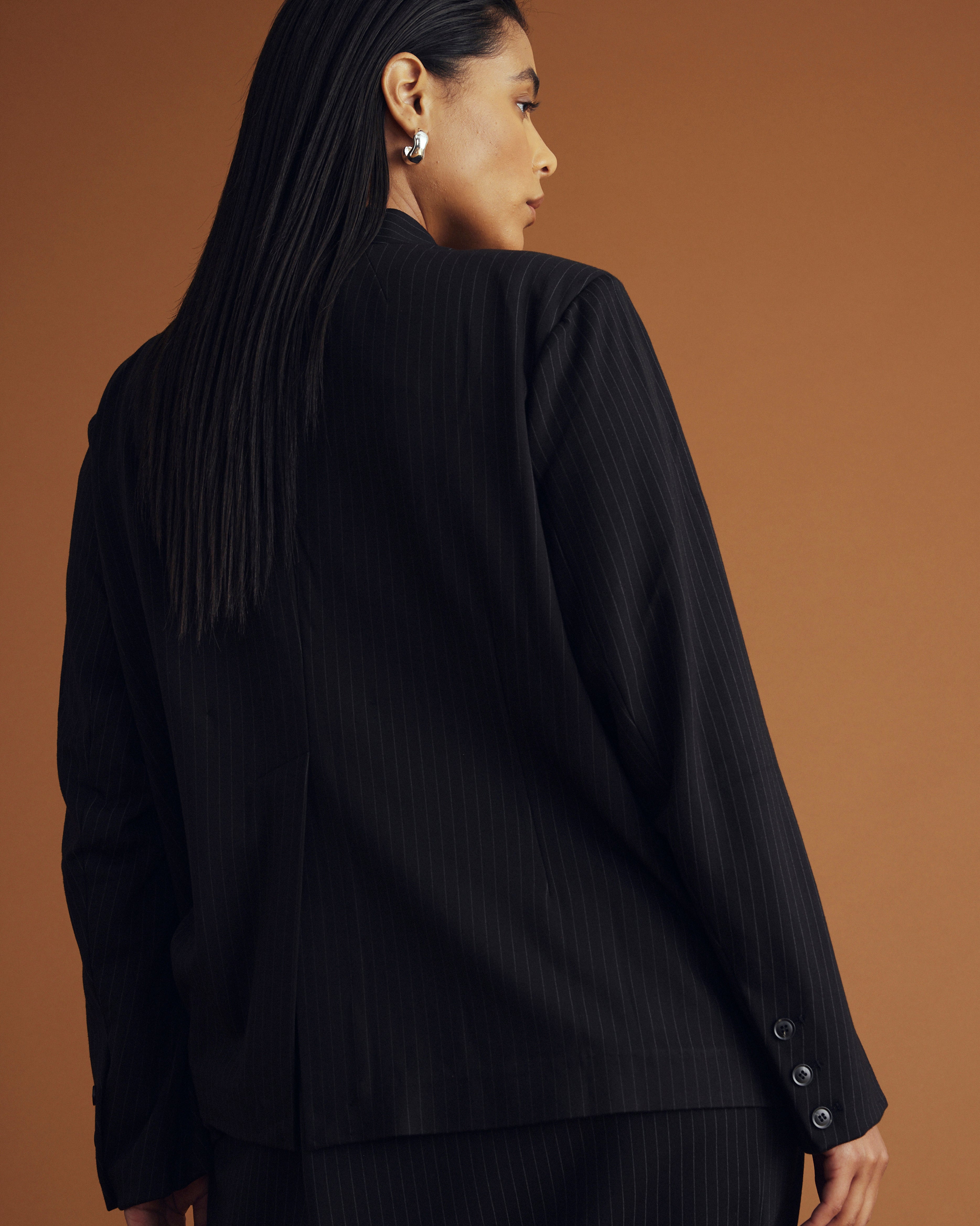 Lennox Collarless Ponte Blazer - Slate Pinstripe