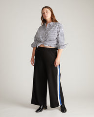 Stephanie Wide Leg Stripe Ponte Pants 30 Inch - Black with Blue/White Stripe