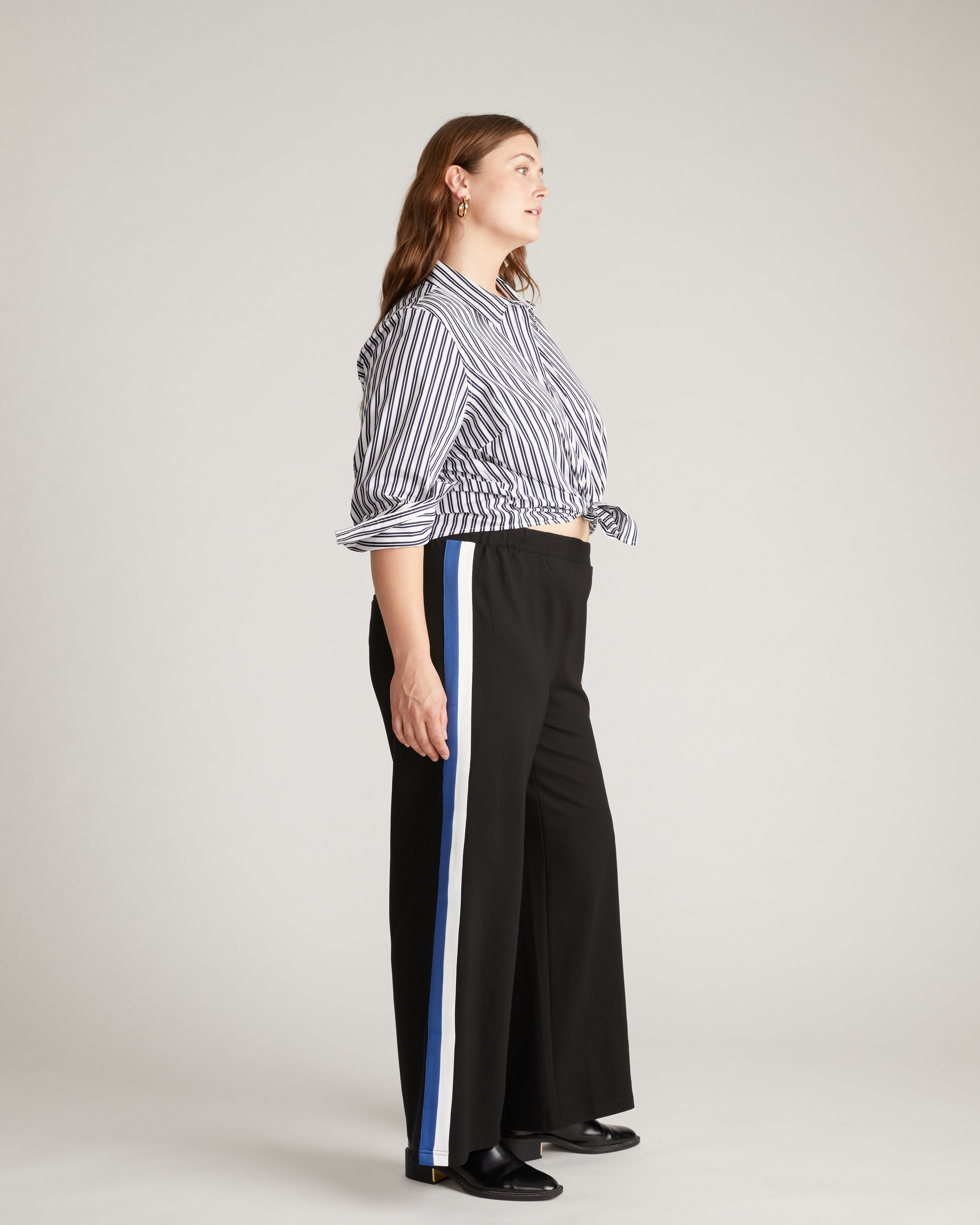 Stephanie Wide Leg Stripe Ponte Pants 30 Inch - Black with Blue/White Stripe