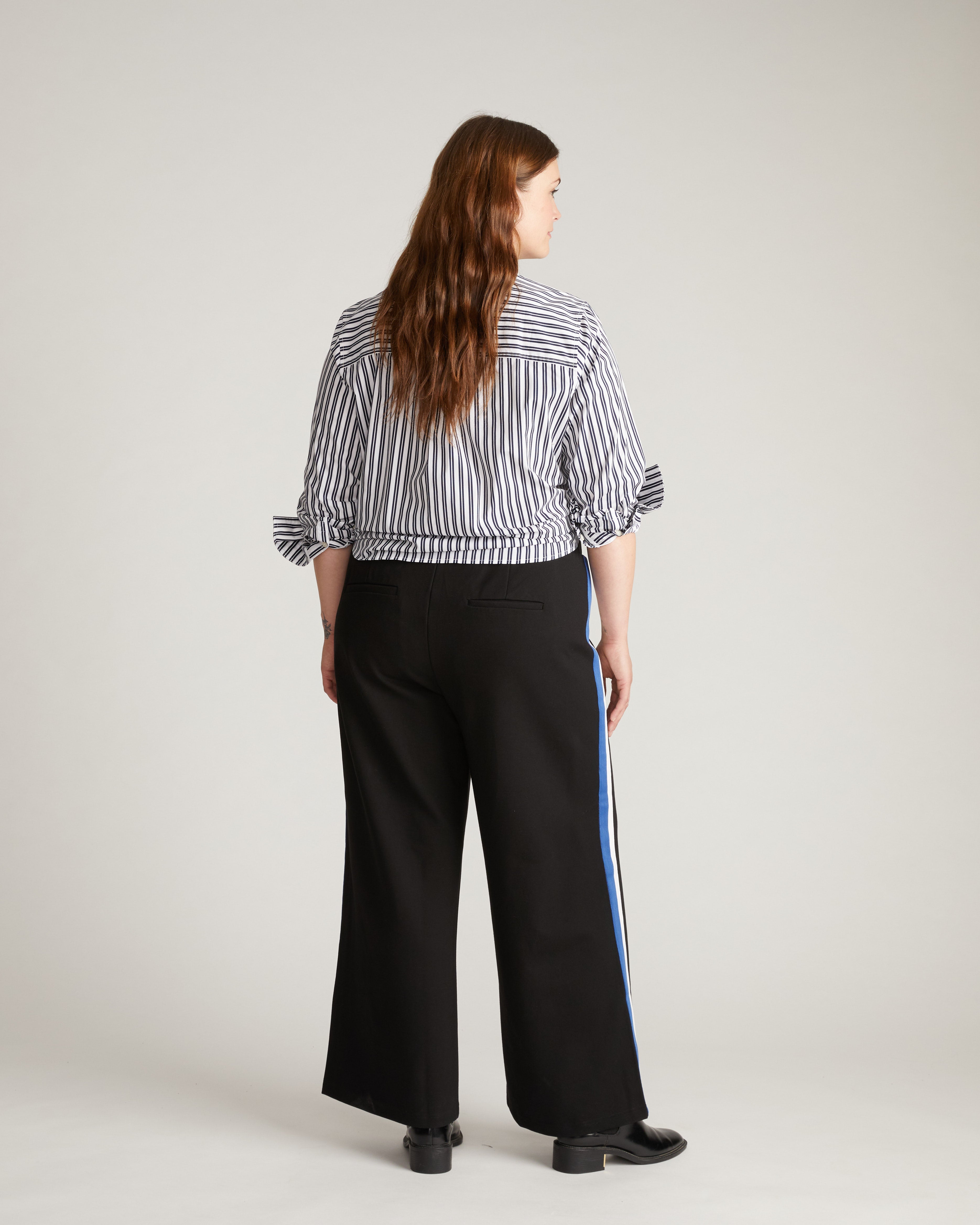 Stephanie Wide Leg Stripe Ponte Pants 30 Inch - Black with Blue/White Stripe