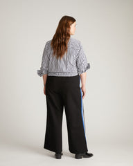 Stephanie Wide Leg Stripe Ponte Pants 30 Inch - Black with Blue/White Stripe