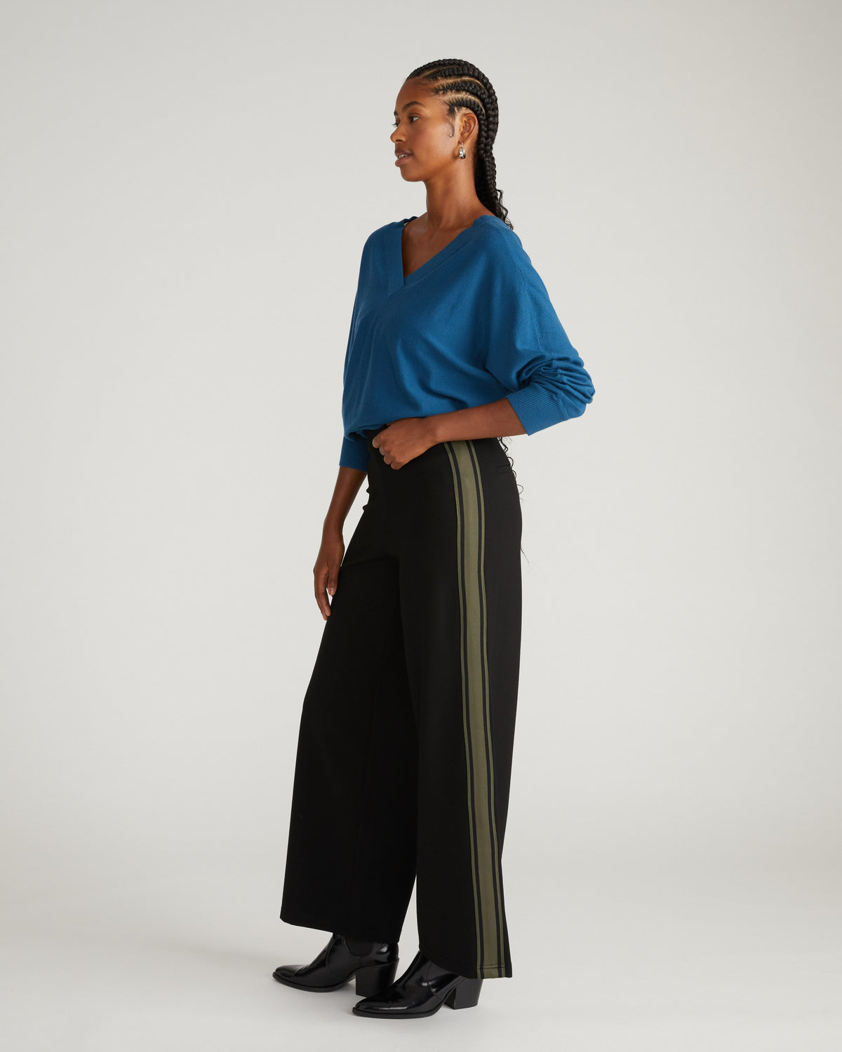 Stephanie Wide Leg Stripe Ponte Pants 30 Inch - Black with Camo Stripe