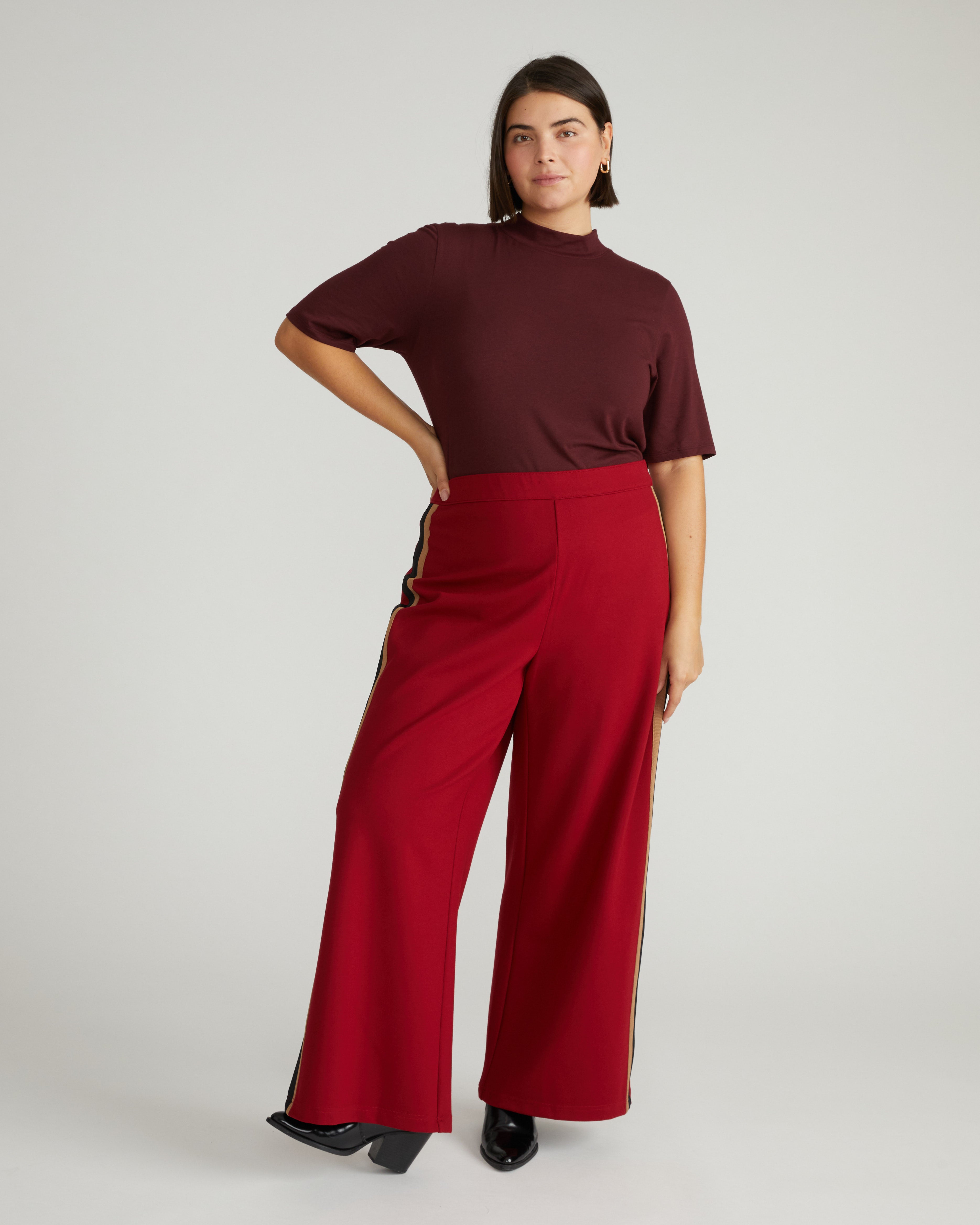 Stephanie Wide Leg Stripe Ponte Pants 30 Inch - Garnet with Camel/Black Stripe