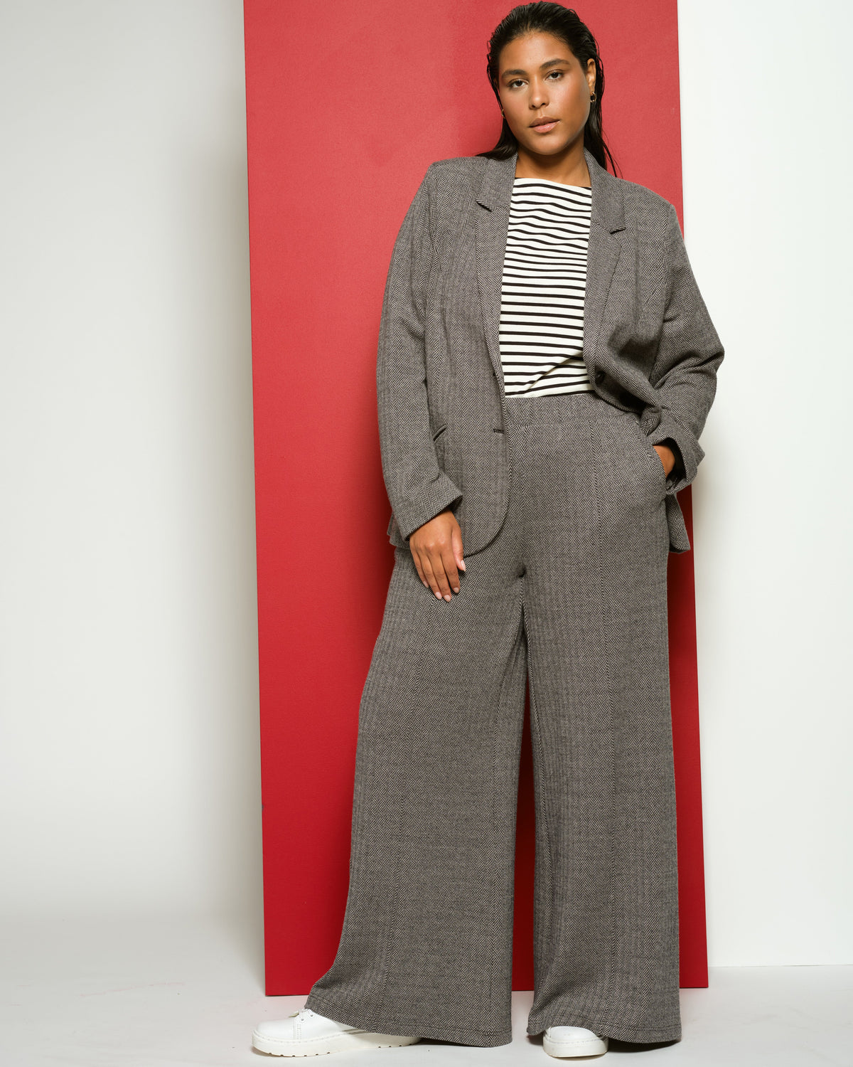 Pam Pintuck Wide Leg Ponte Pants - Herringbone Tweed