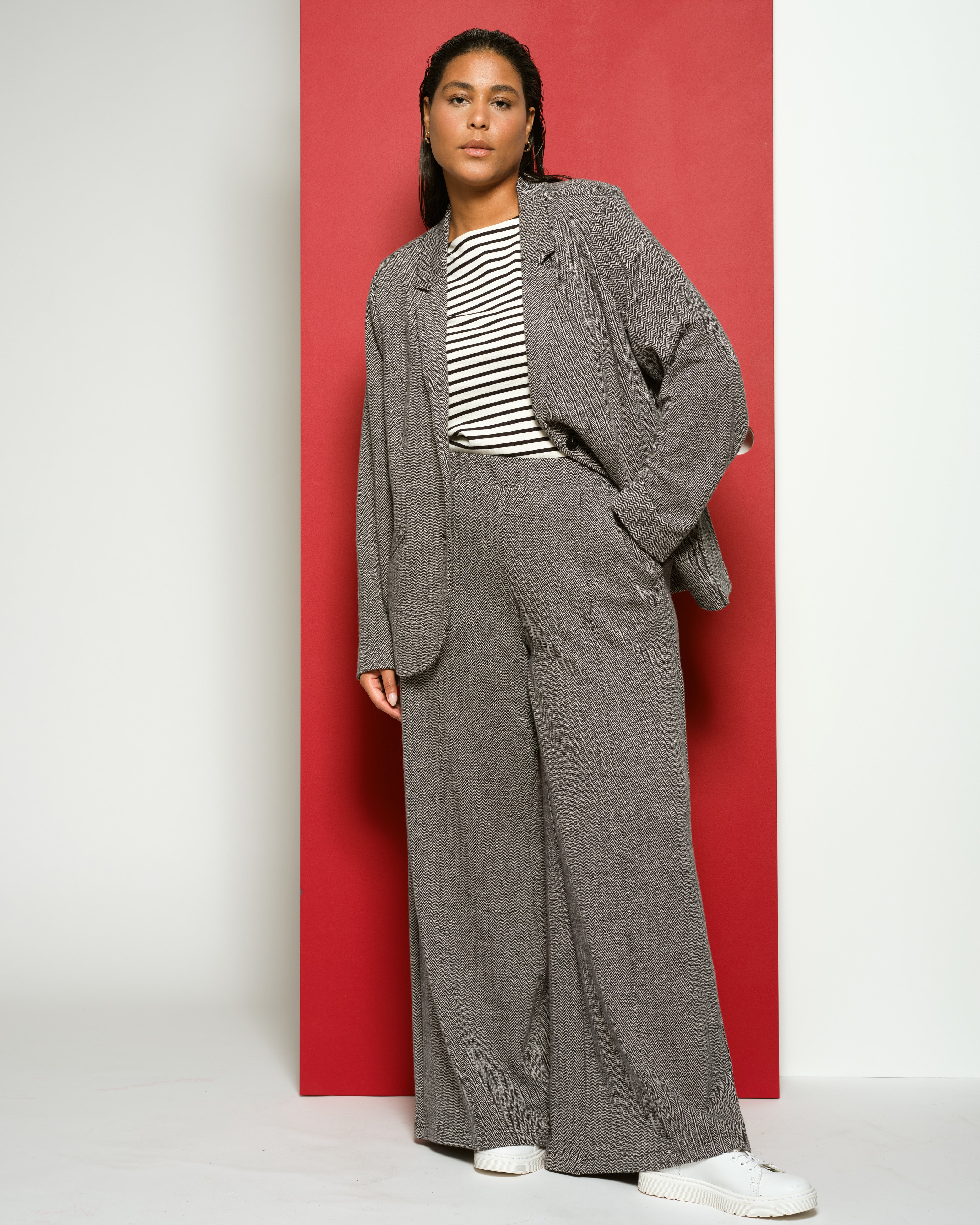 Pam Pintuck Wide Leg Ponte Pants - Herringbone Tweed