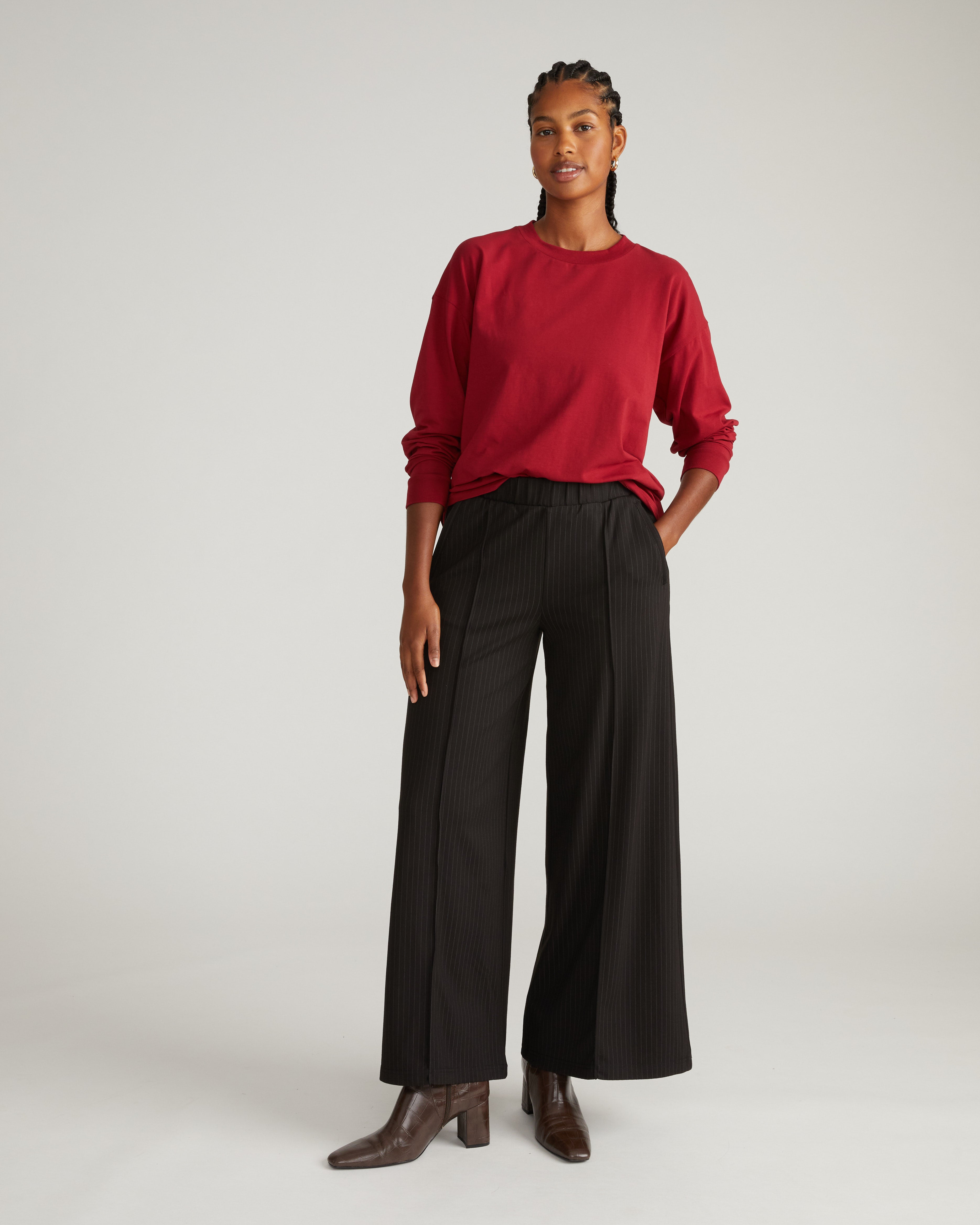 Pam Pintuck Wide Leg Ponte Pants - Slate Pinstripe