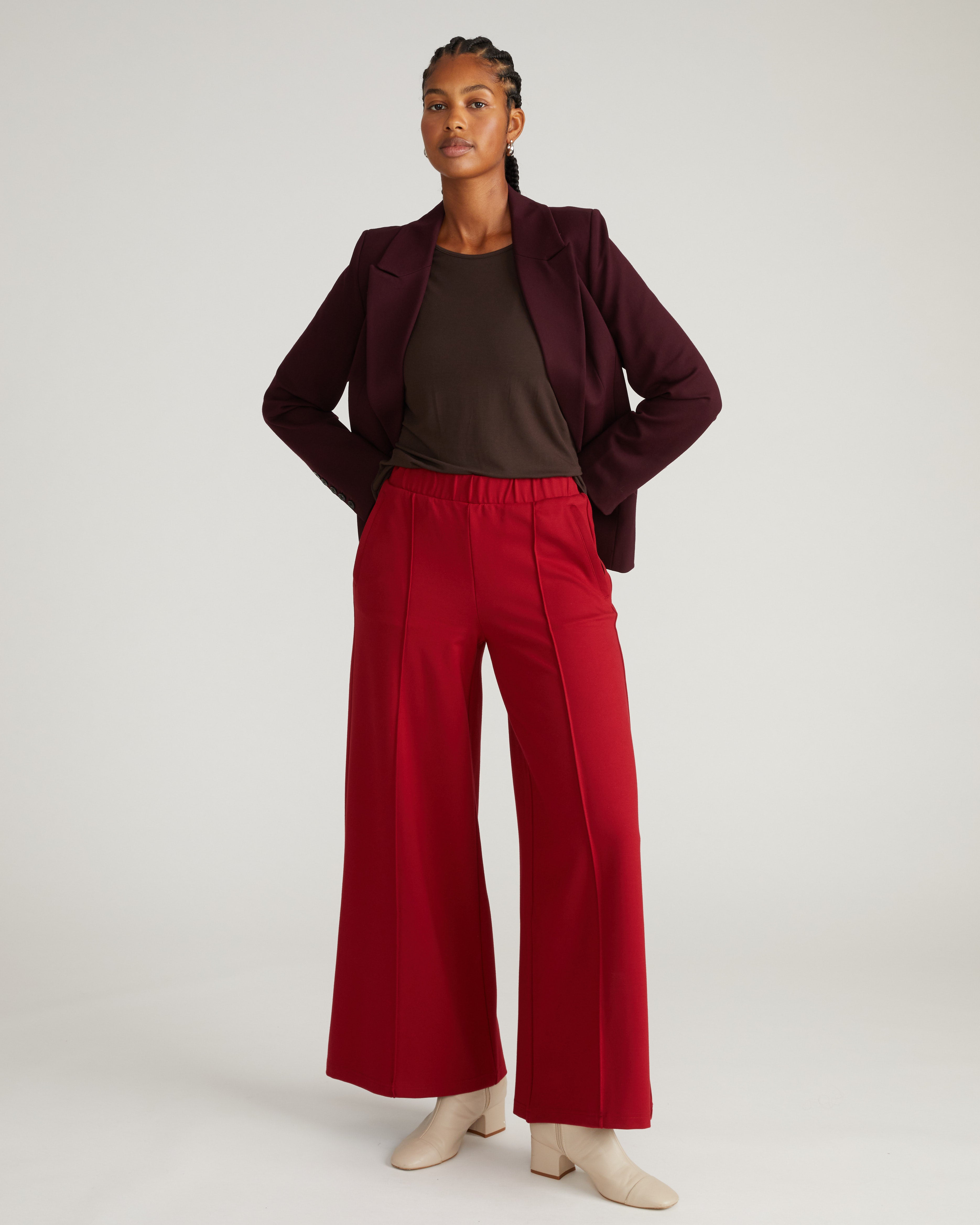 Pam Pintuck Wide Leg Ponte Pants - Garnet