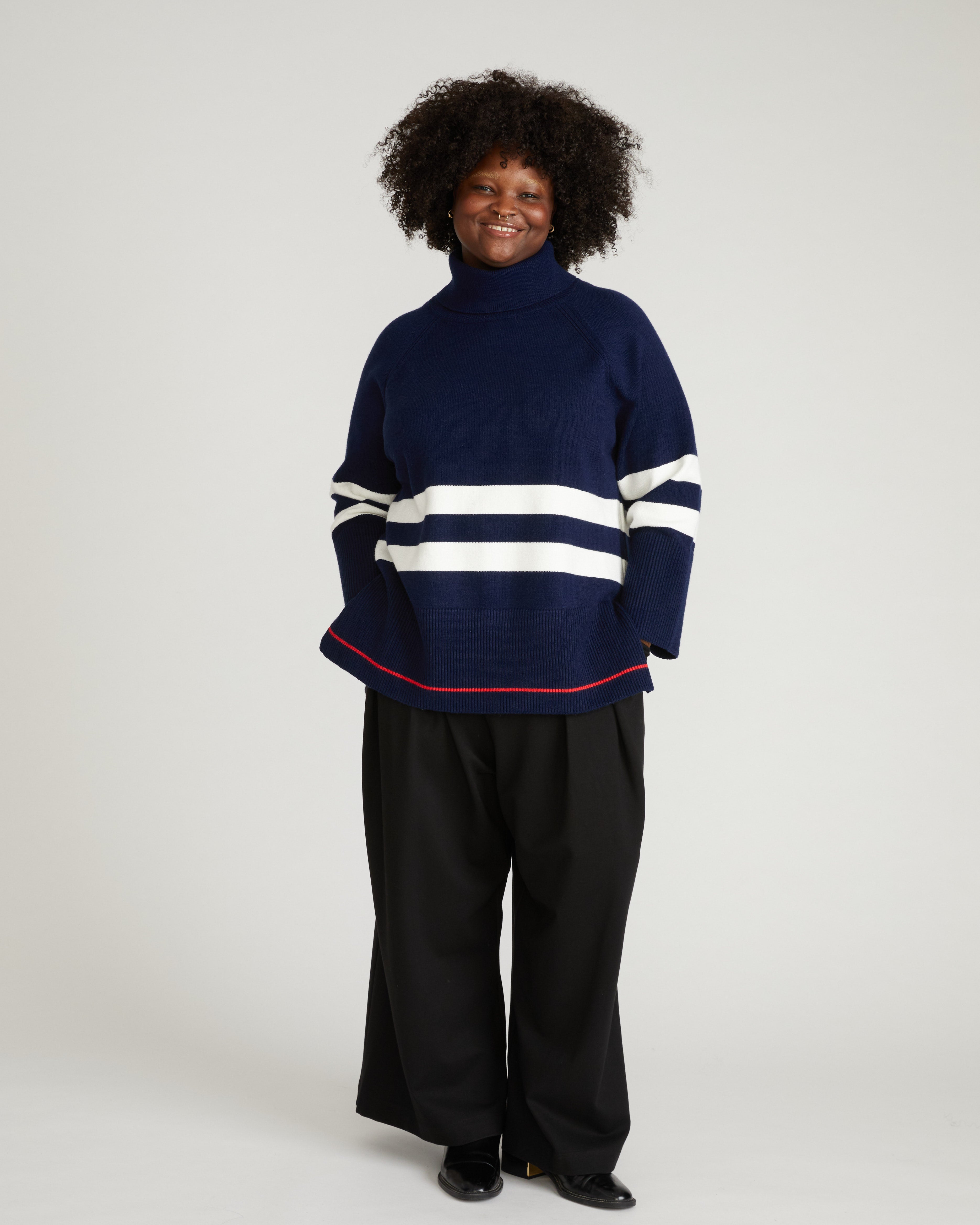 Better-Than-Wool Oversize Turtleneck Sweater - Navy/Cream Stripes with Red Hem