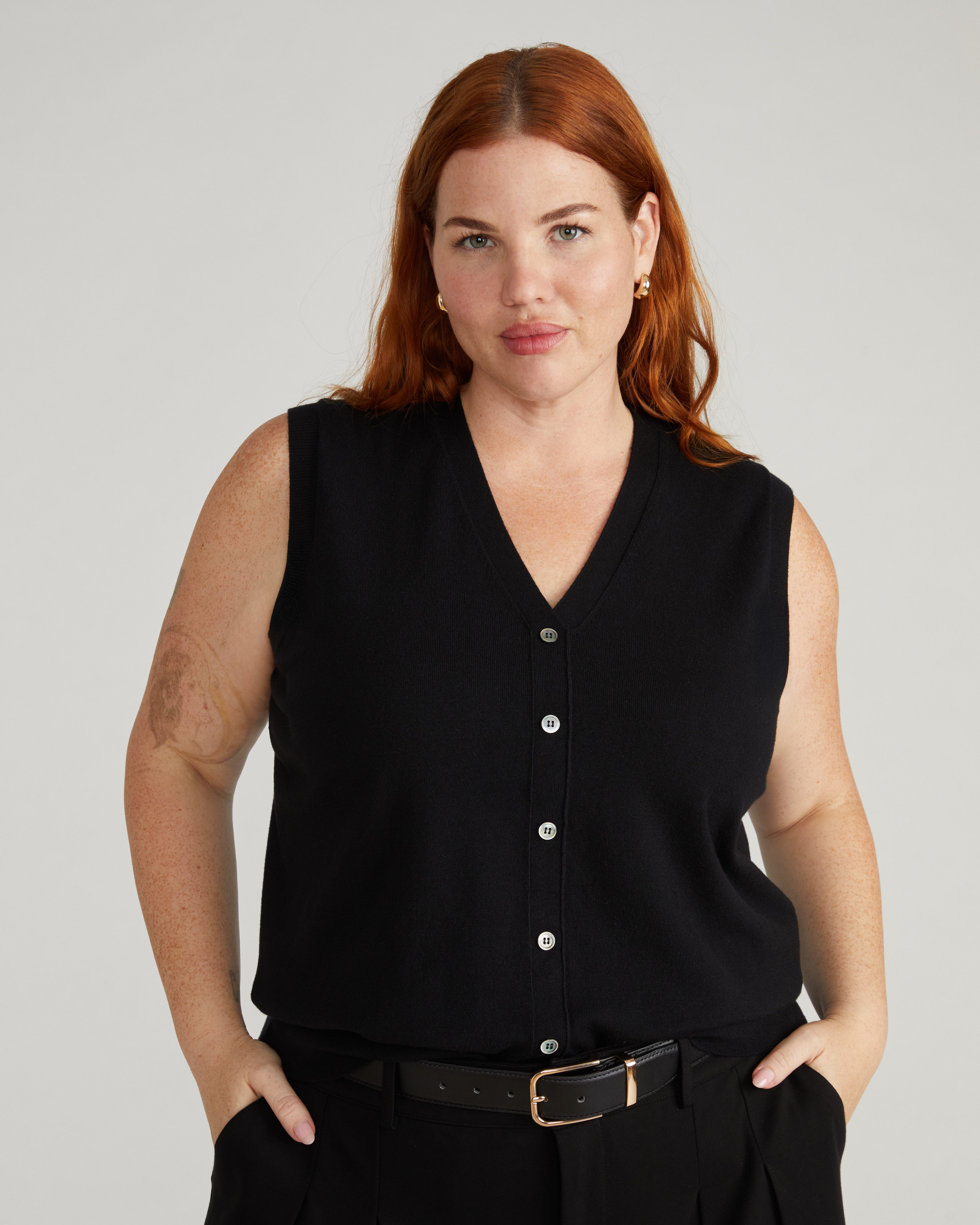 Savvy Fine Knit Cardigan Vest - Black