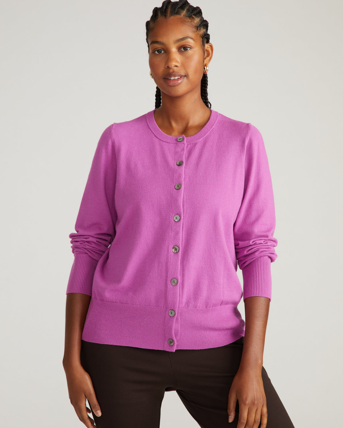 Savvy Fine Knit Crewneck Cardigan - Purple Vision