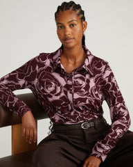 Elbe Popover Liquid Jersey Shirt Classic Fit - Rose Print in Black Cherry