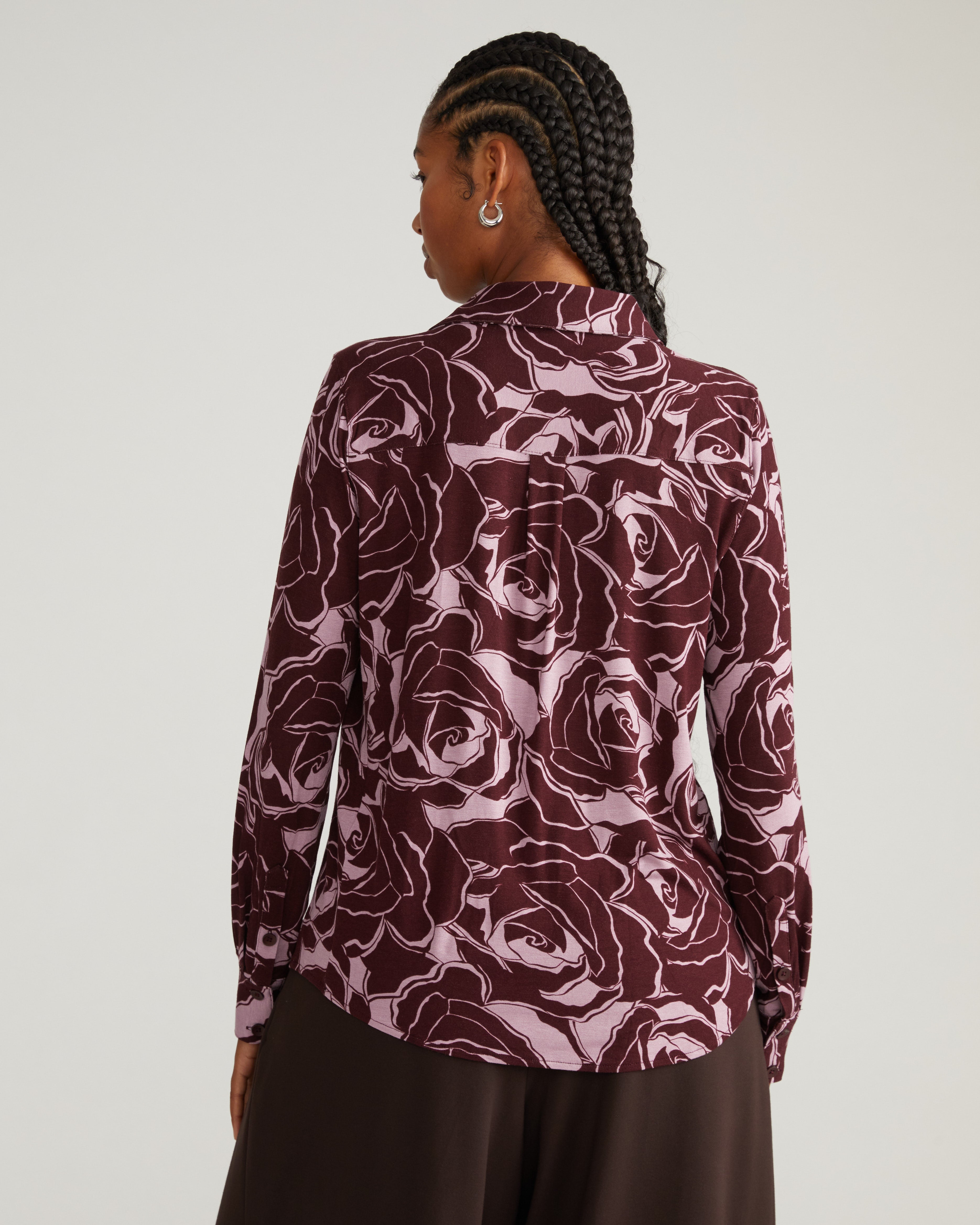 Elbe Popover Liquid Jersey Shirt Classic Fit - Rose Print in Black Cherry