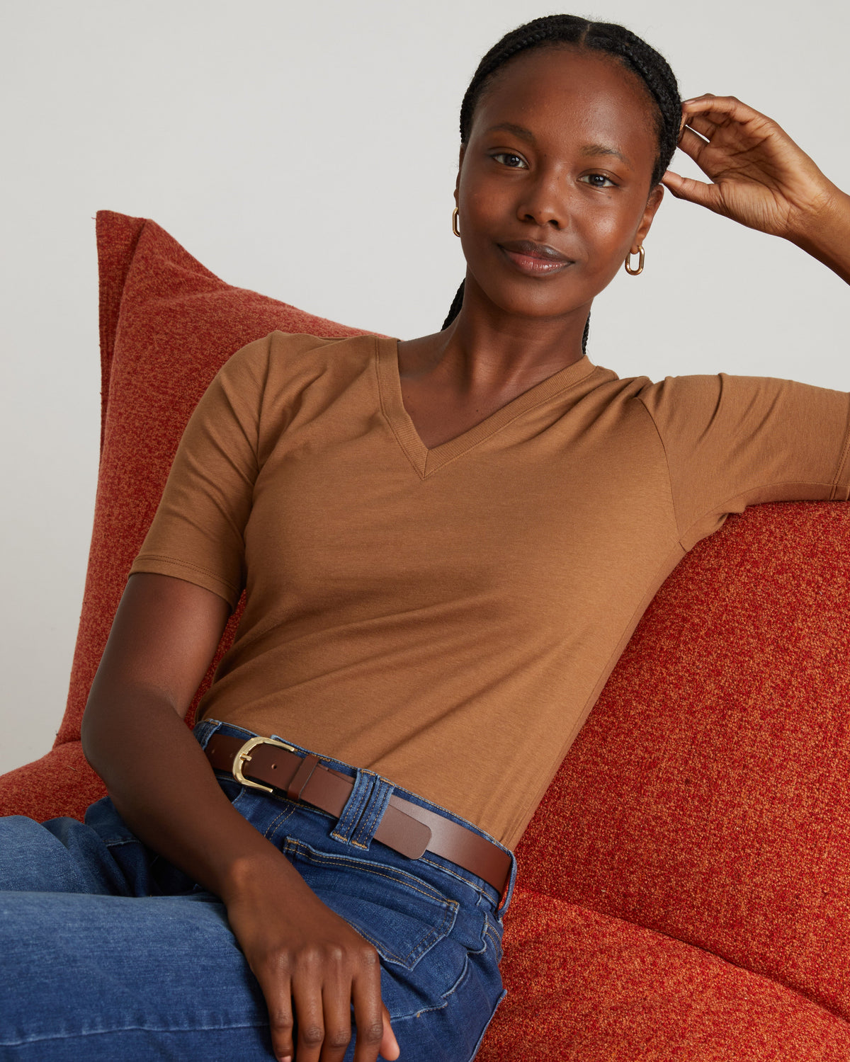 Maia Stovepipe Sleeve V Neck Tee - Classic Camel