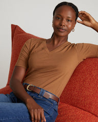 Maia Stovepipe Sleeve V Neck Tee - Classic Camel