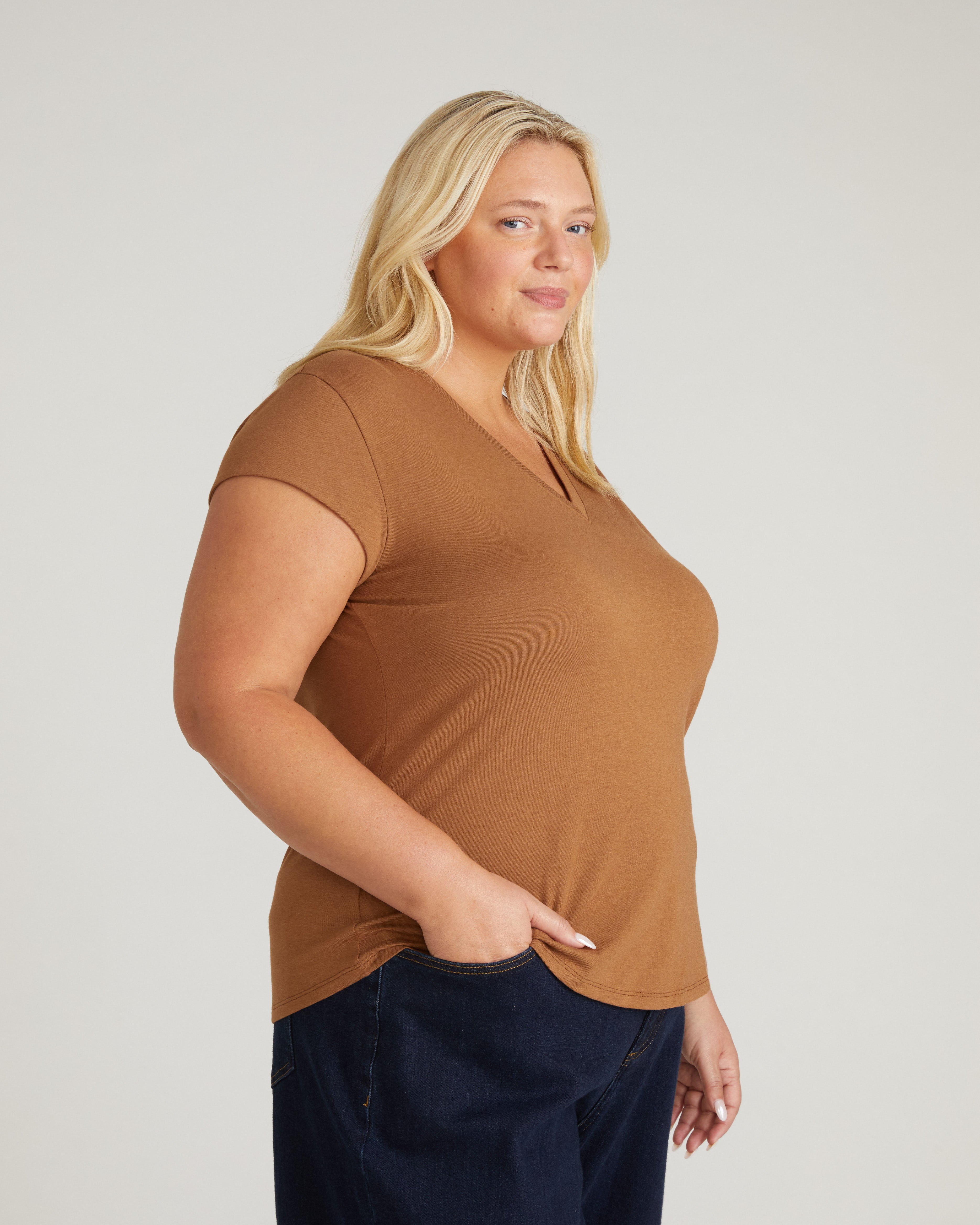 Ashley V Neck Cap Sleeve Tee - Classic Camel