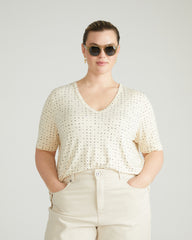 Lily Liquid Jersey V-Neck Stovepipe Tee - Galactic Print in Ecru