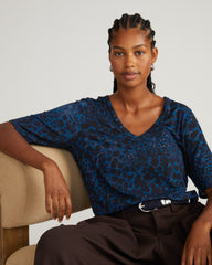 Lily Liquid Jersey V-Neck Stovepipe Tee - Deep Teal Animal Print